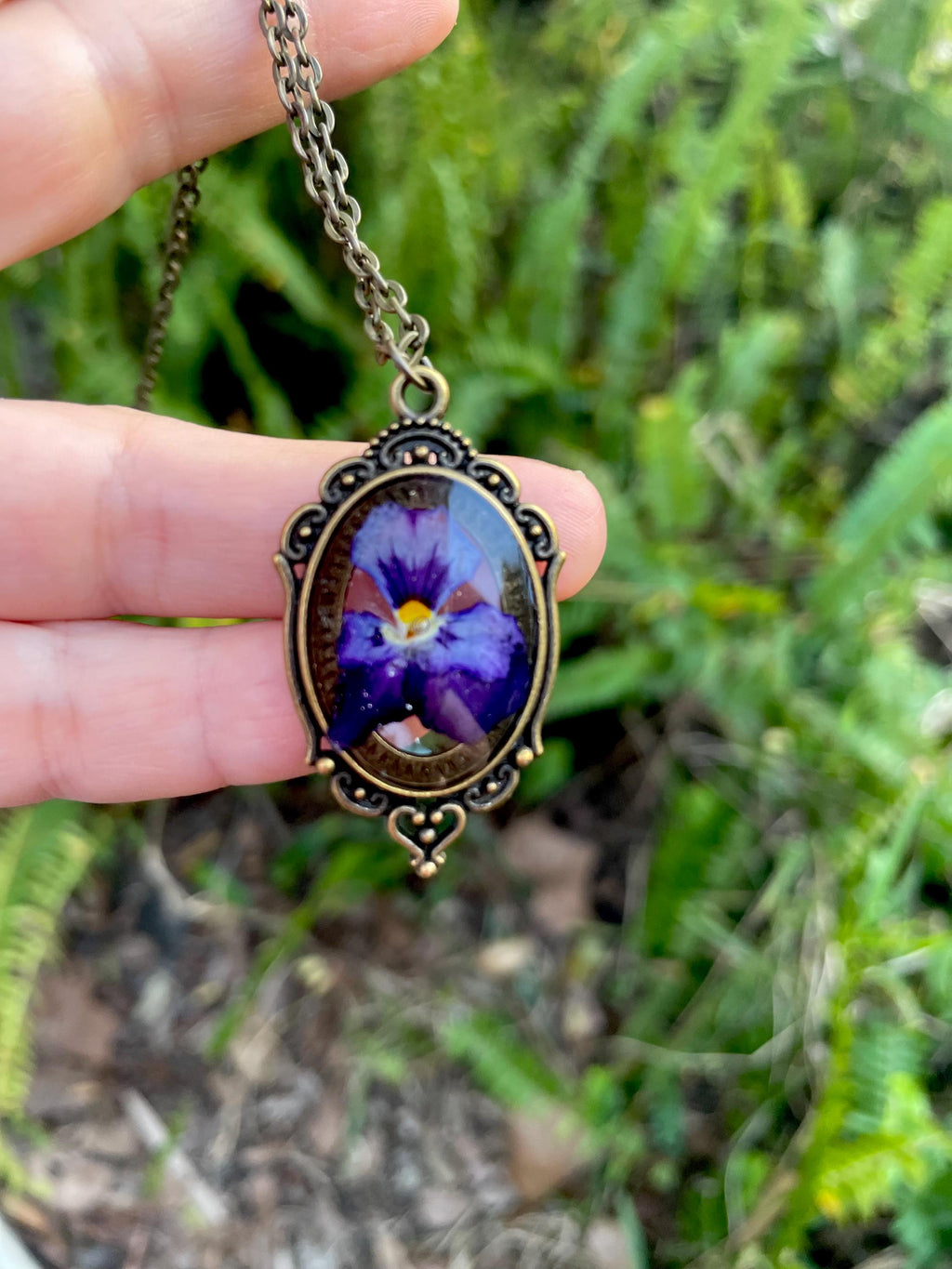 February Birth Flower Necklace: Handmade Violet Pressed Resin Pendant