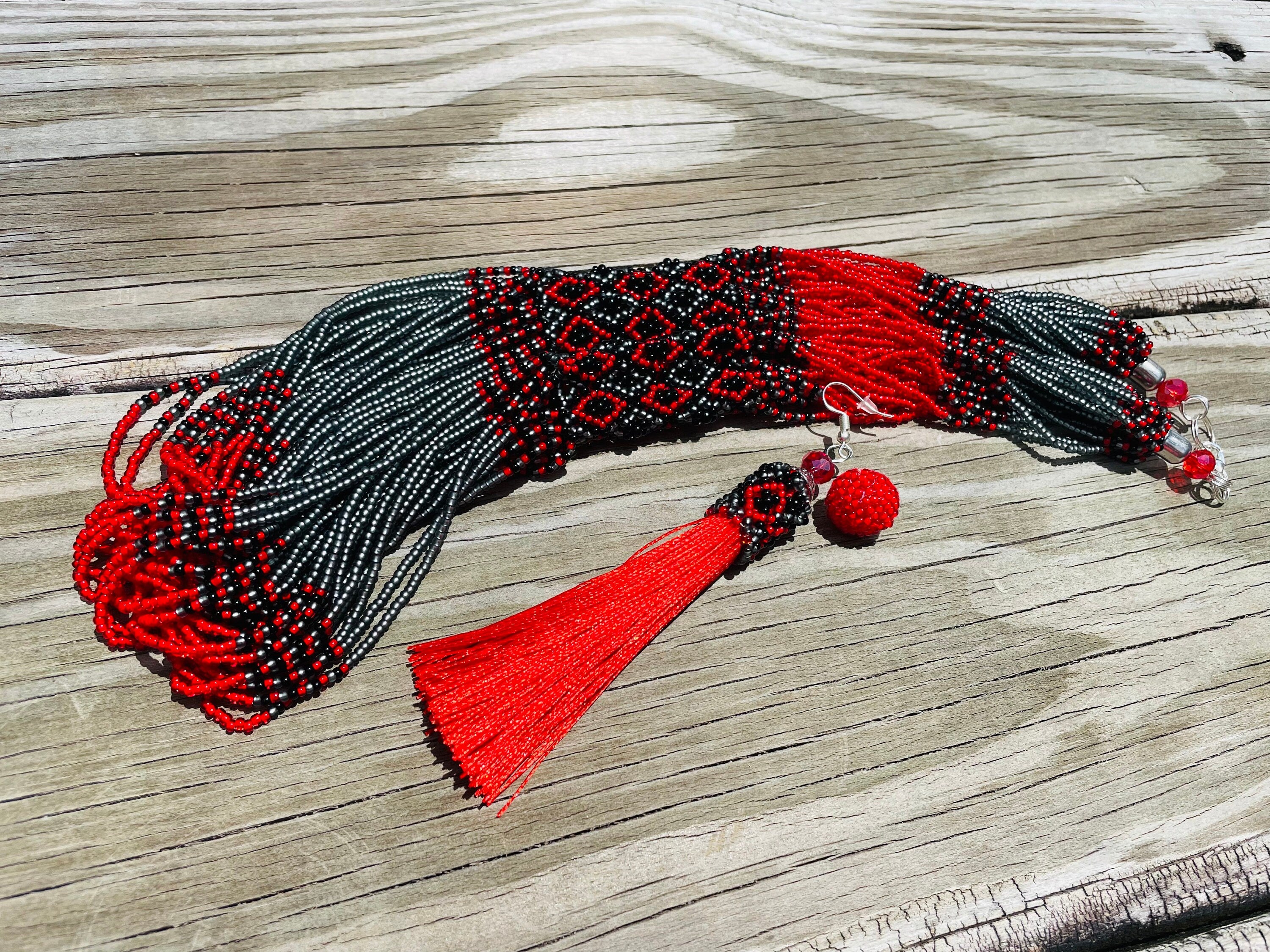 Red and black Folk Ukrainian necklace Ukrainian Beaded Necklace Seed bead vyshyvanka necklace Multistrand red and gray necklace Bohemian