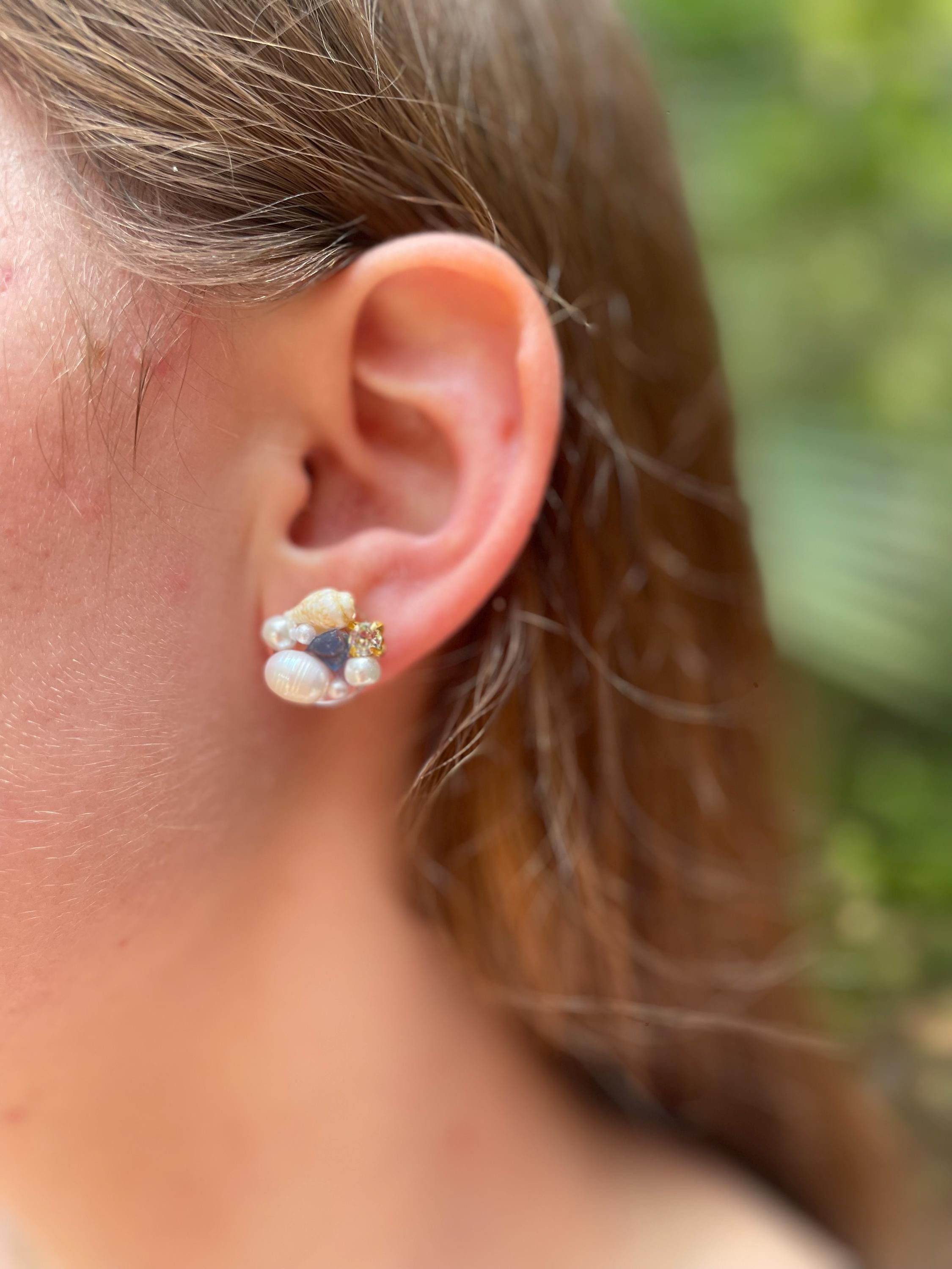 Real Shell Pearl Stud Earrings: Ocean Resin Sea Glass, Beach Bridal Jewelry
