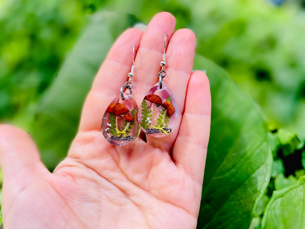 Cute real Mushroom earrings gold silver fairy dangle botanical earrings unique holiday gift for her handmade wanderlust jewelry for sister