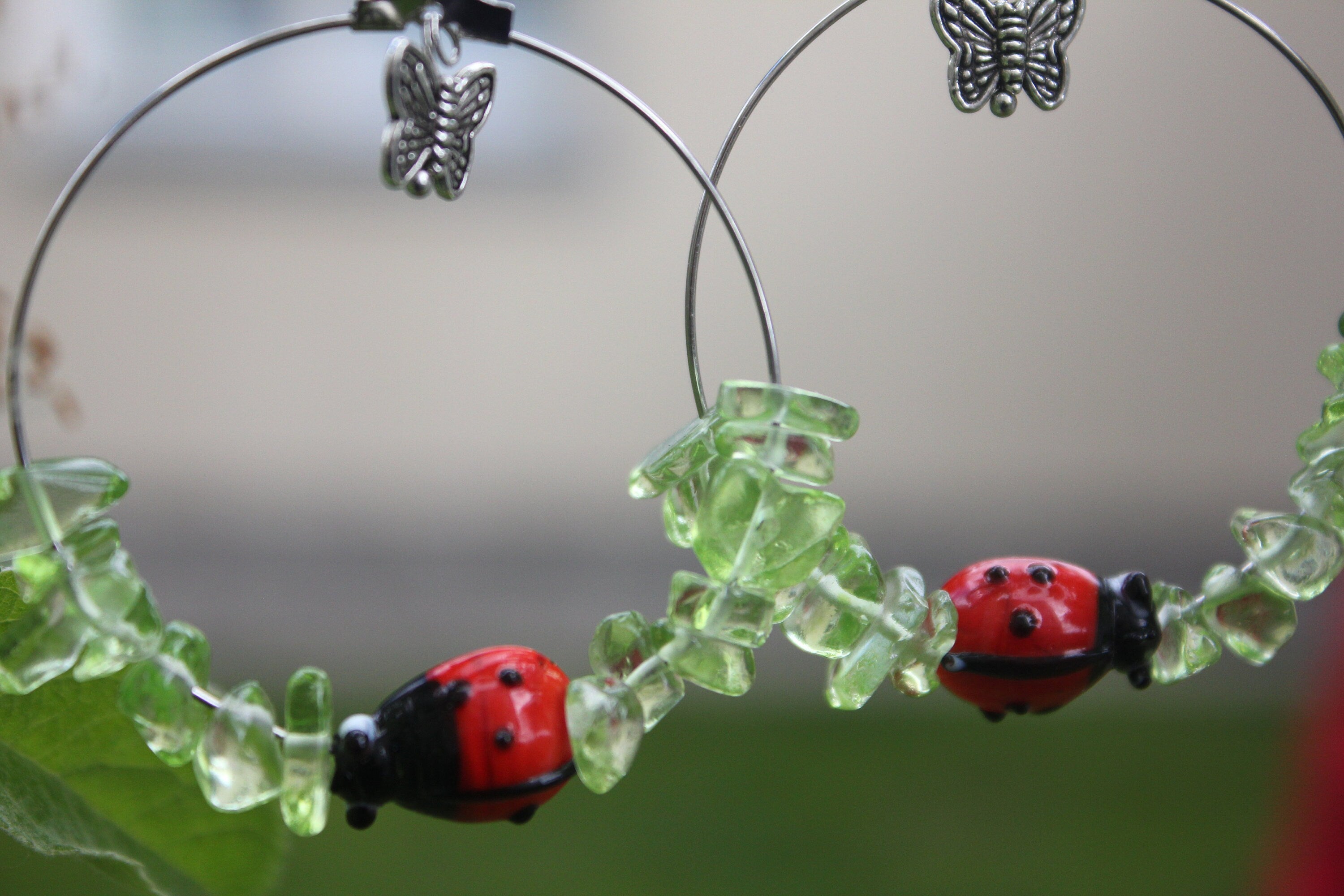 Custom Birthstone earrings for wife, Peridot hoop earrings with ladybug butterfly charm, birthday jewelry gift green summer earrings crystal