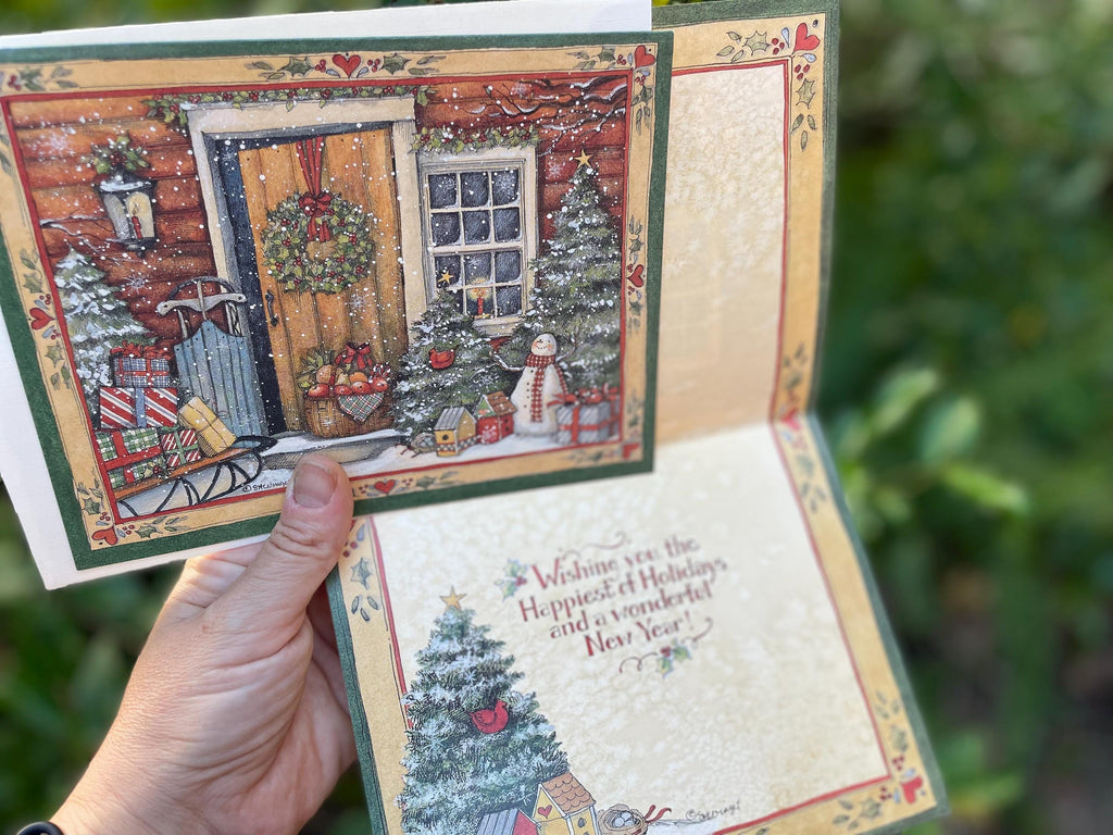 Holiday Door Christmas card boxed Vintage Old Fashion Christmas Card Snowman Sleigh Presents Christmas Wreath Farmhouse Winter Greeting Card
