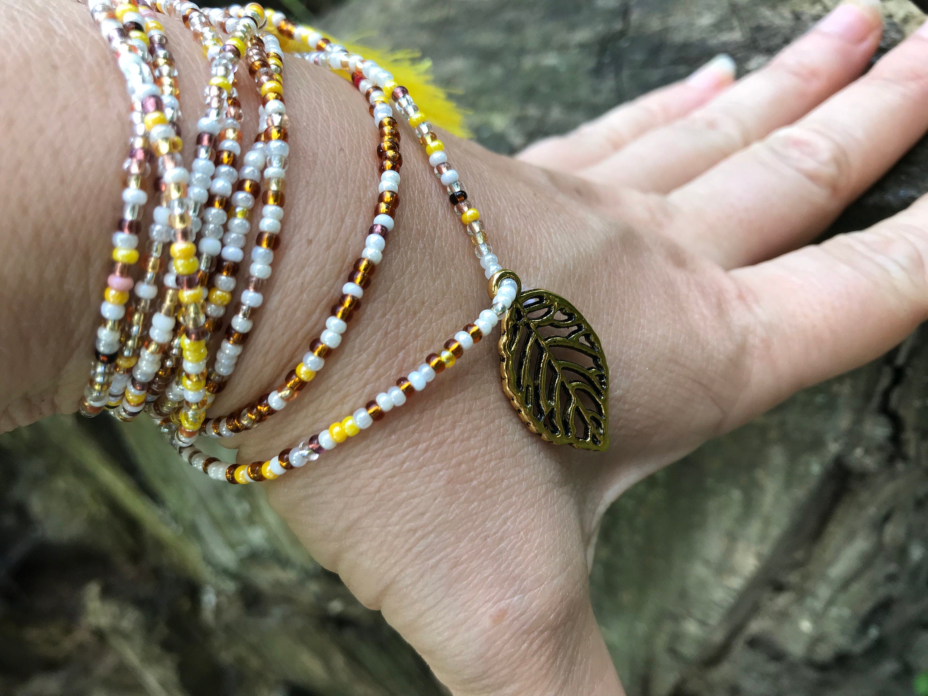 yellow brown beaded wrap bracelet, Fall accessory for girlfriend ~leaf seed bead bracelet~mini tassel bangle for hippie, seed bead necklace