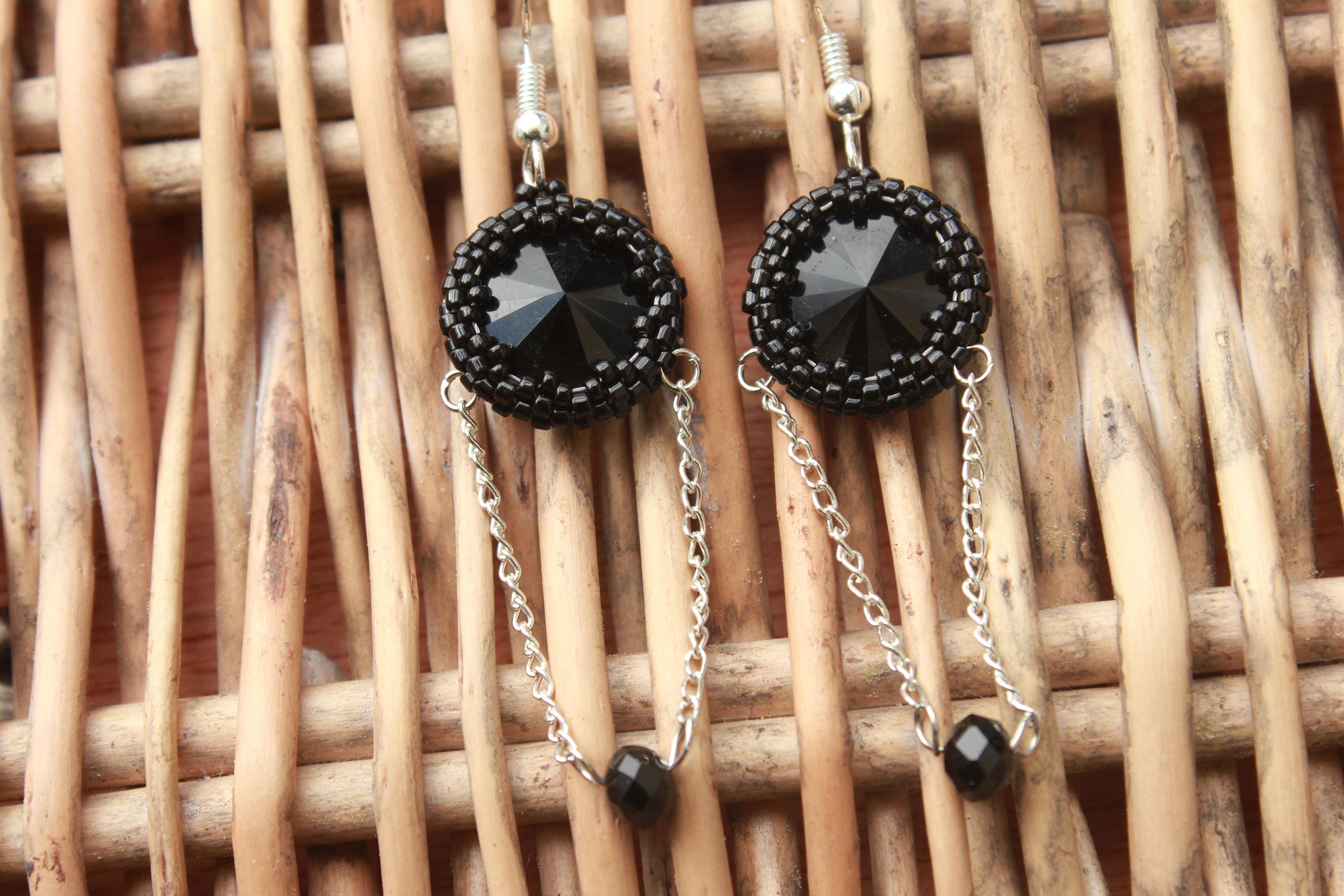 Earrings. Black earrings beaded, Gothic earrings, goth chain earrings, goth jewelry, steampunk earrings, black jewelry for her, self gift,