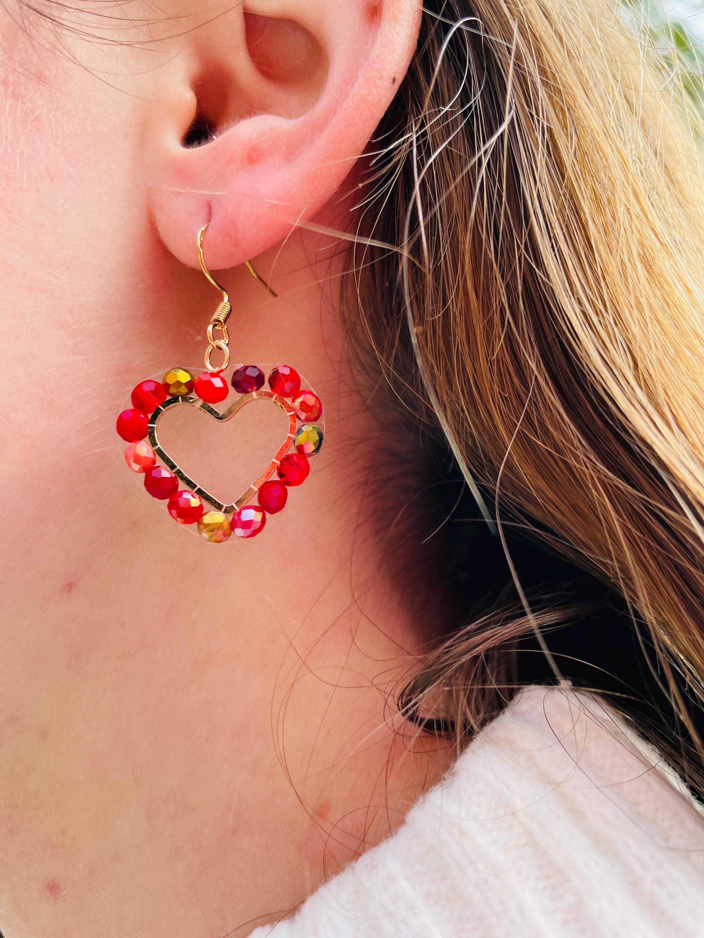Red Beaded Heart Hoop Earrings: 14K Gold Romantic Dangle Earrings