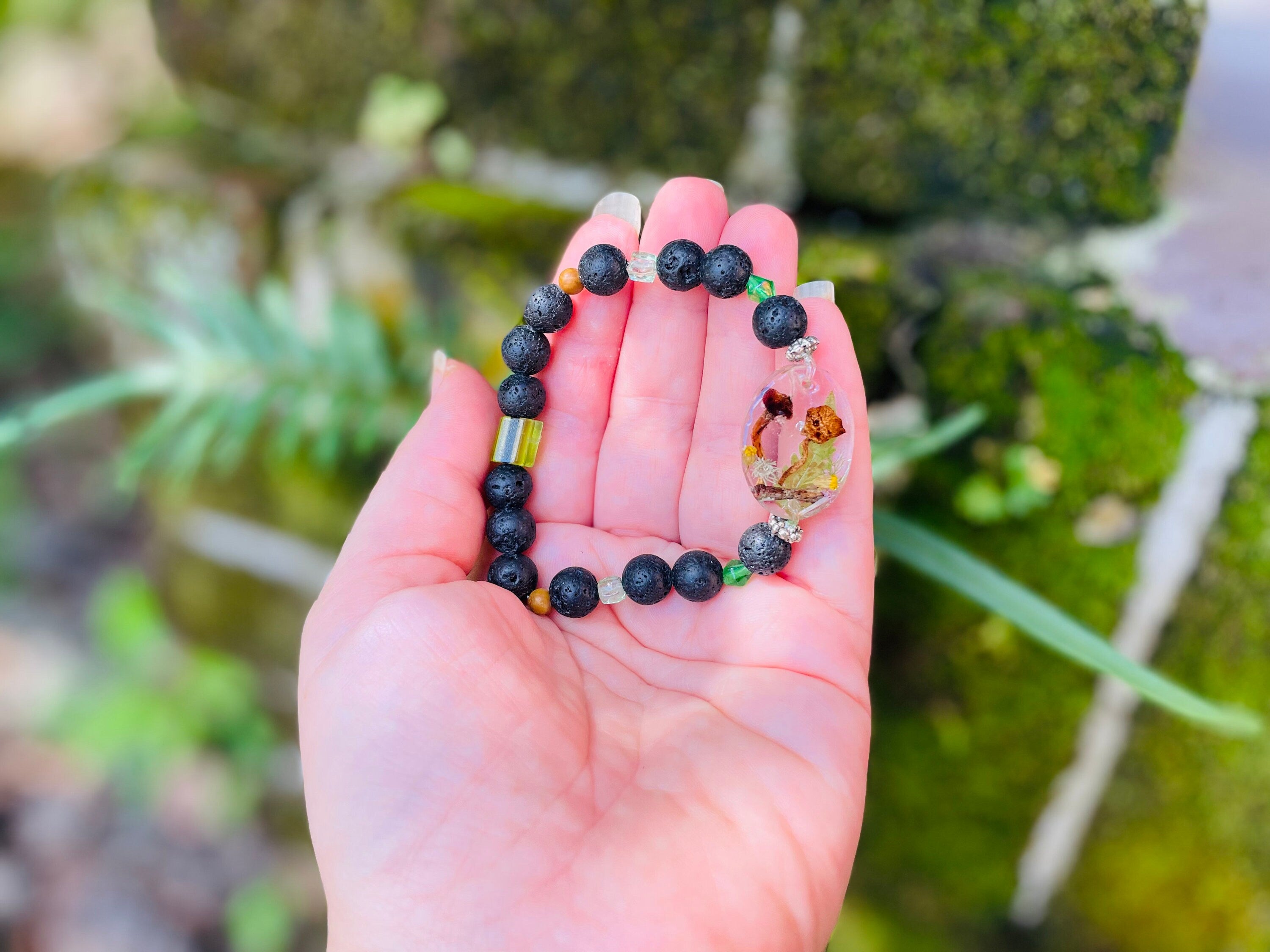Mens Lava Stone Bracelet: Real Mushroom, Moss & Fern - Cottagecore Gift