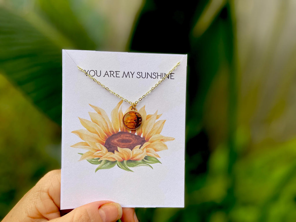Real Pressed Sunflower Necklace: Gold/Silver Floral Charm, Birth Flower Anniversary Gift