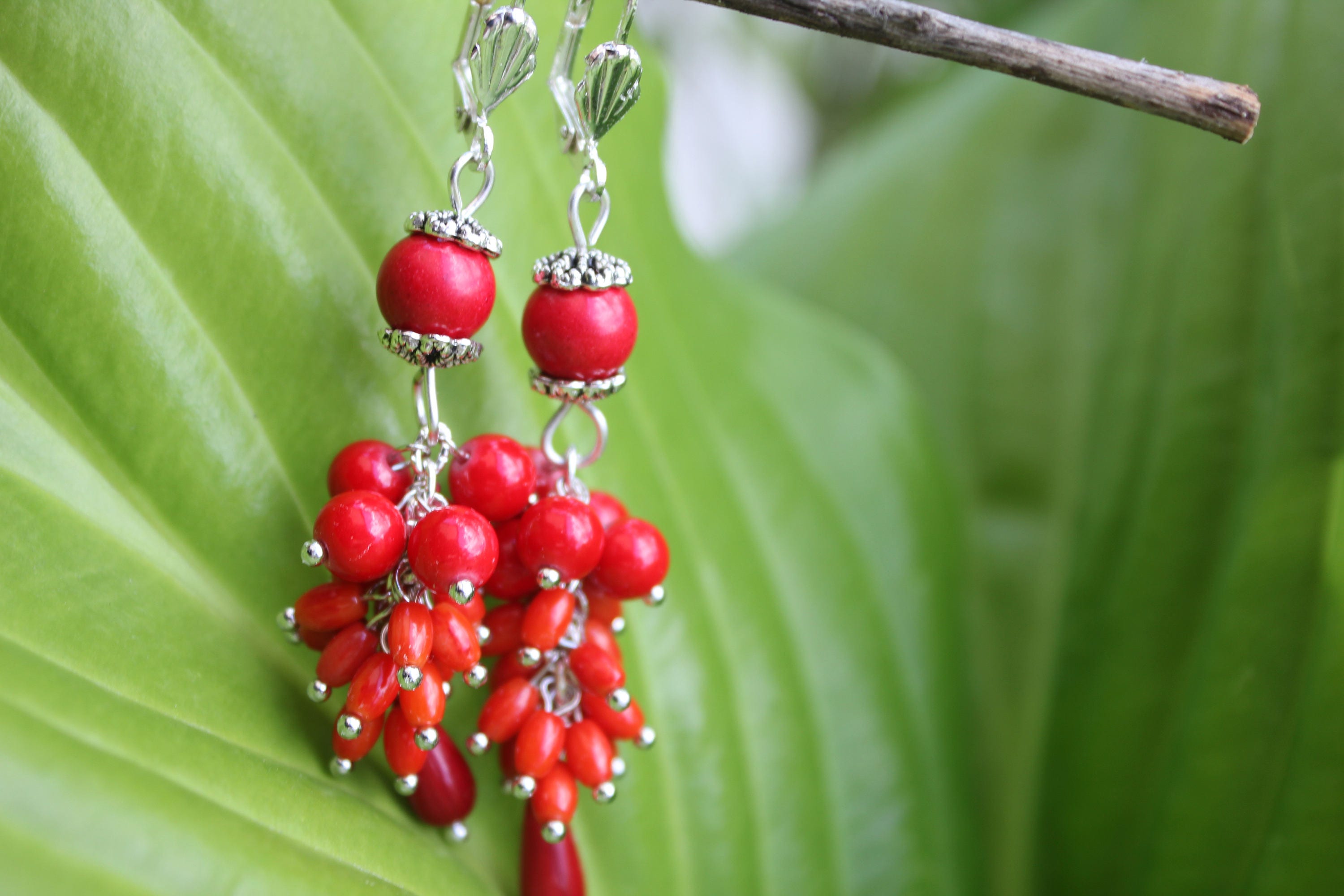 Valentines day Red coral statement earrings gift for women, mom birthday gift gemstone cluster earrings, unique gift for her dangle earrings
