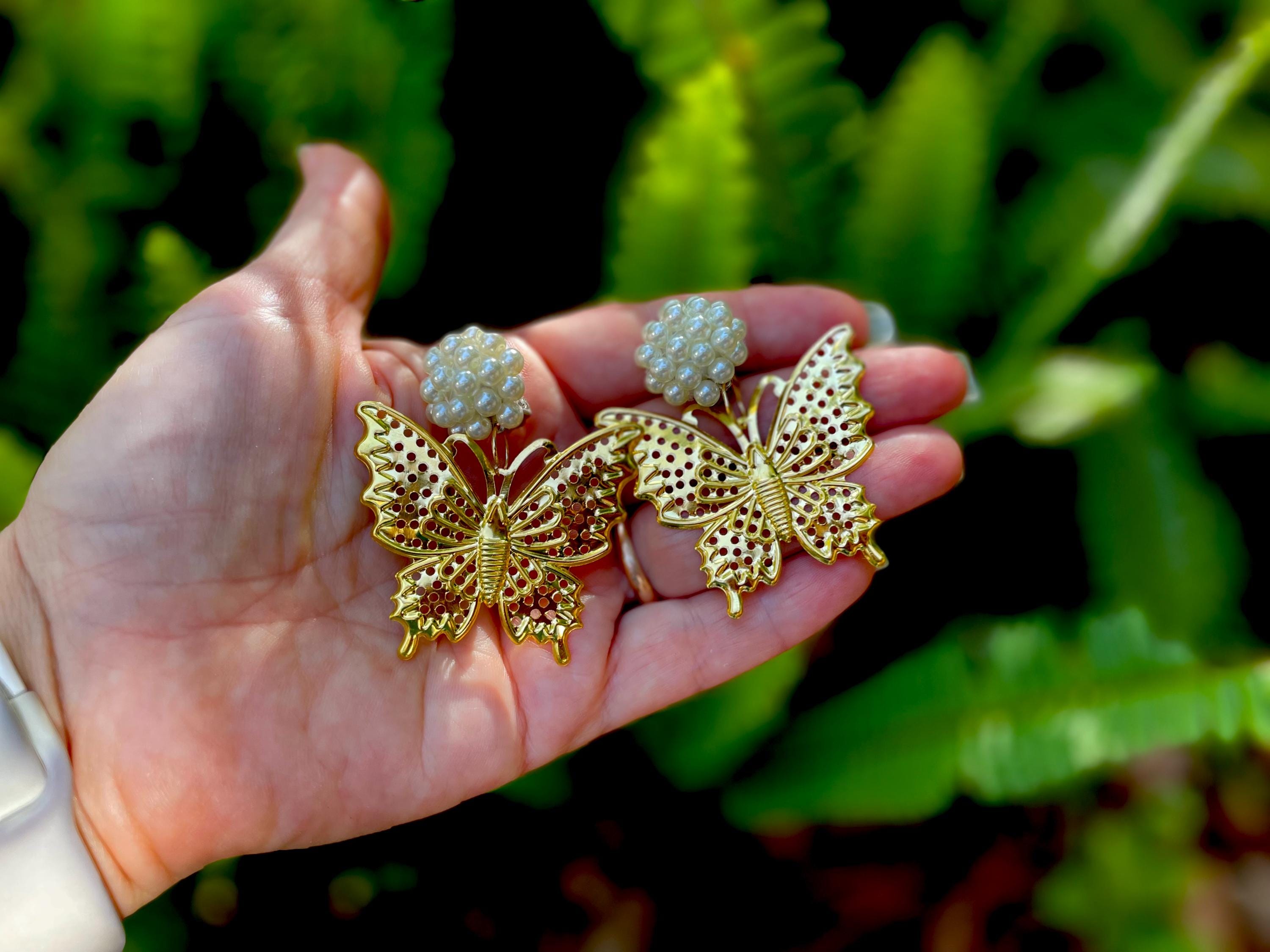 14k Gold Butterfly Clip On Earrings: Pearl Filigree Dangle