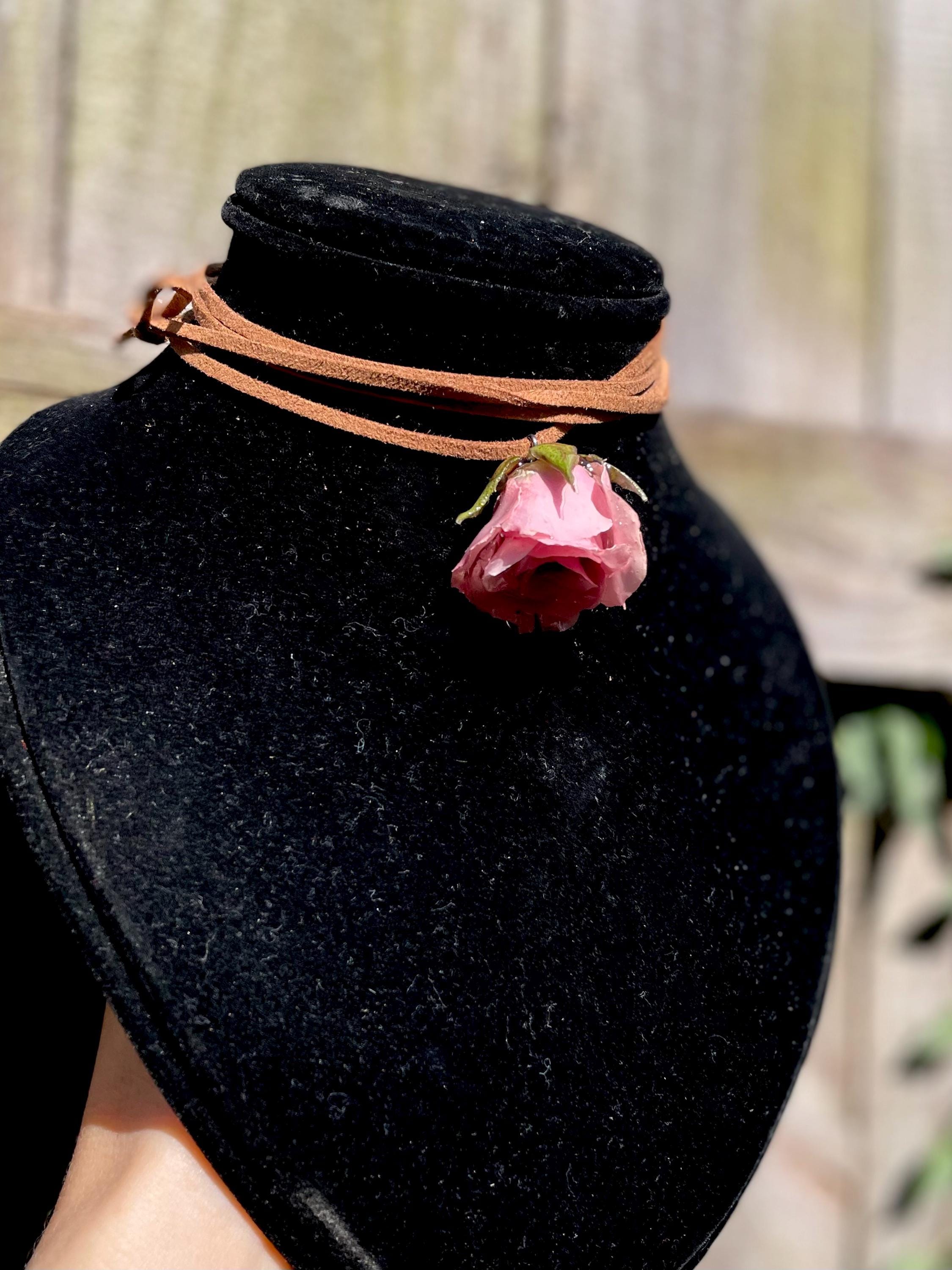 Boho Wrap Leather Choker Necklace with Real Rose Flower - Custom Bridesmaid Jewelry for Women