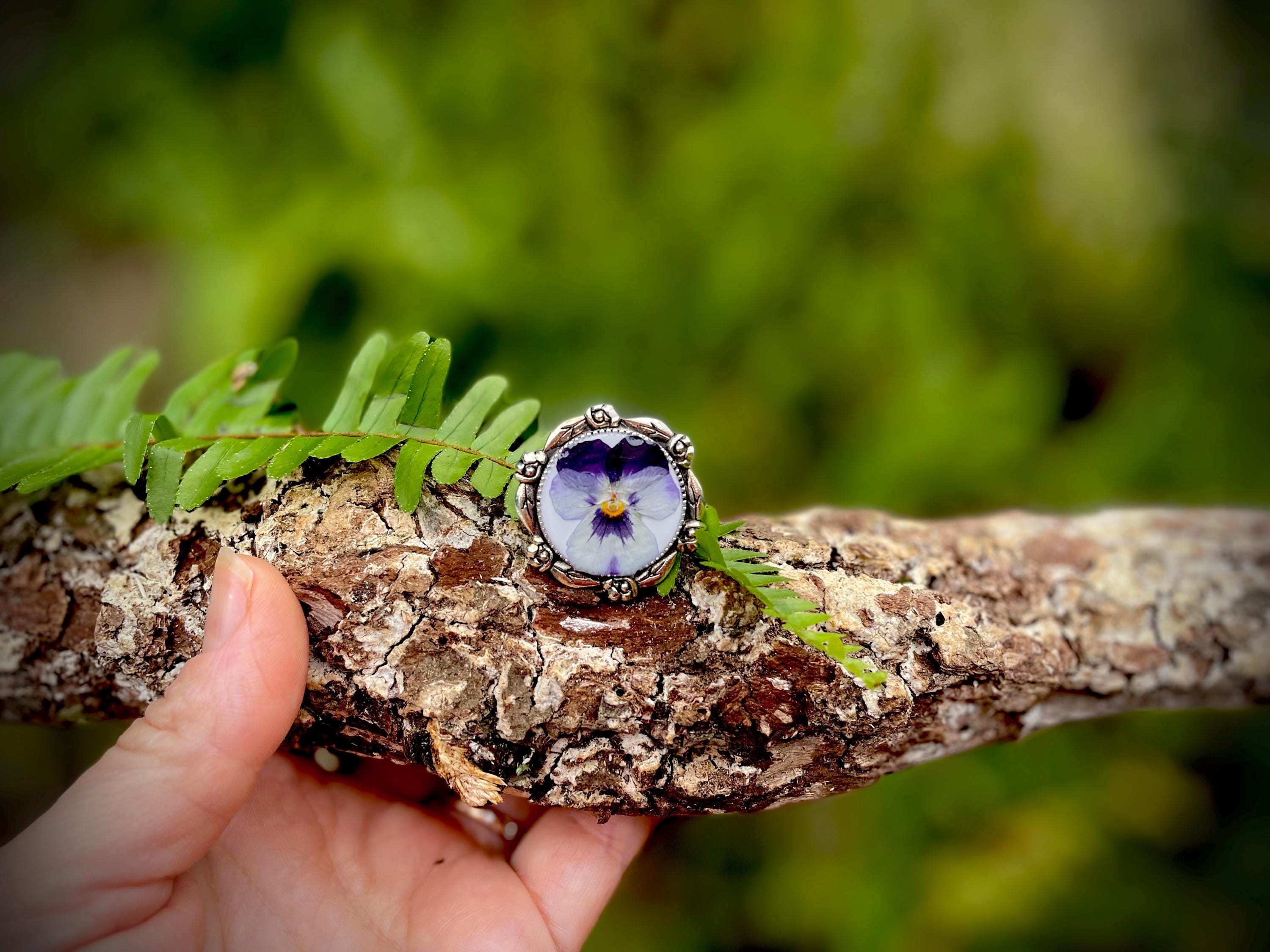 Silver Pansy Ring: Pressed Flower Cameo, February Birth Flower