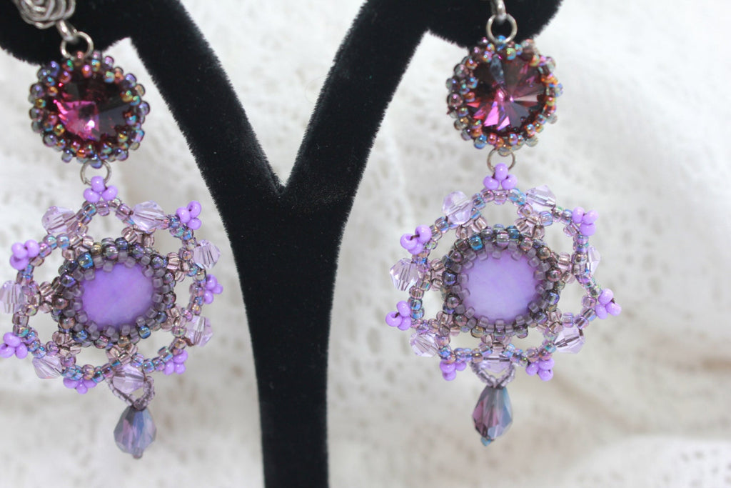 Amethyst Swarovski Crystal Earrings, Purple Mother of Pearl Beaded Chandelier Earrings