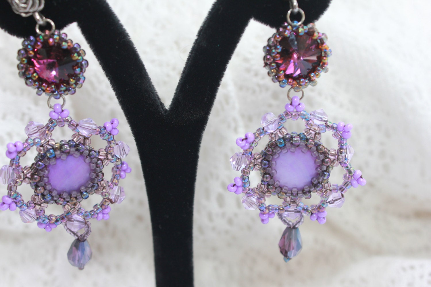 Amethyst Swarovski Crystal Earrings, Purple Mother of Pearl Beaded Chandelier Earrings