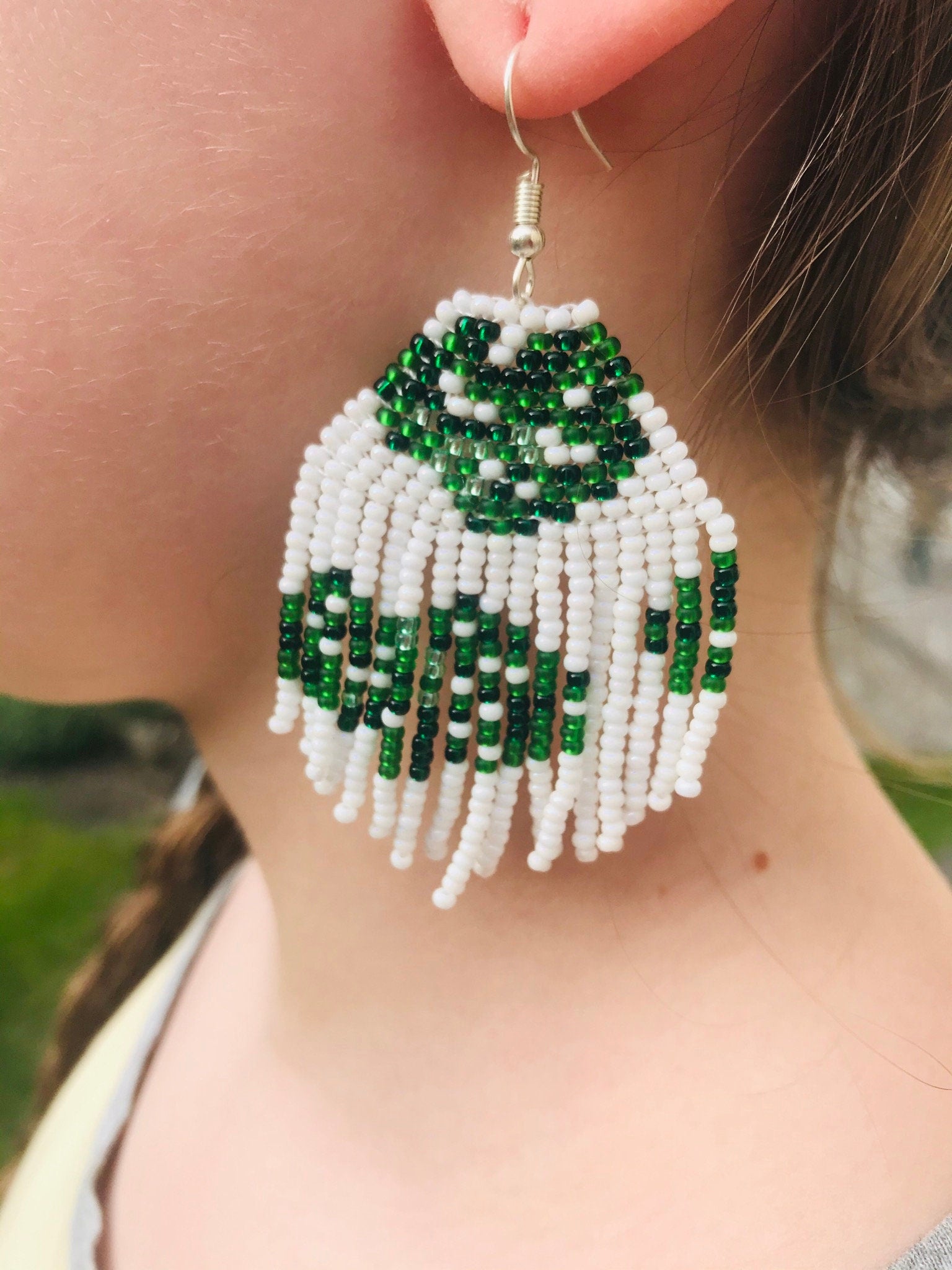 Monstera leaf earrings, native American jewelry, native beaded earrings, beaded fringe earrings, Bohemian Wedding Earrings, girlfriend gift