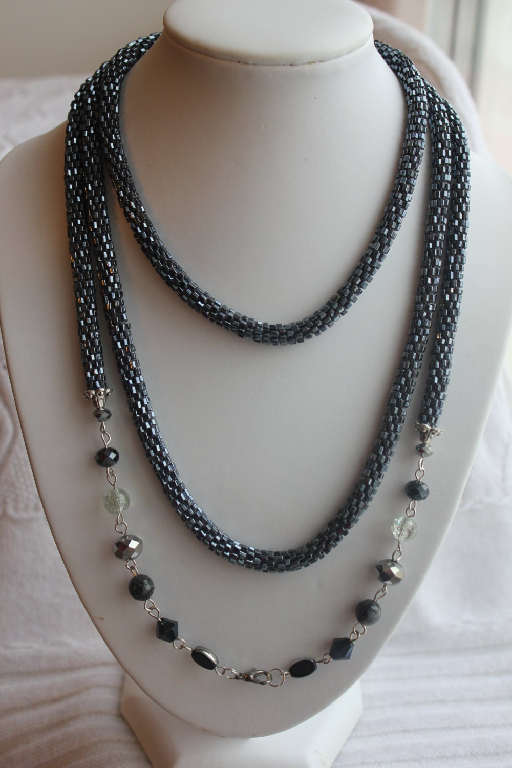 Hematite Bead necklace, Beaded Layered Lariat Necklace Choker Gift For Her, Crochet Lariat Rope, Bohemian jewelry for her, crystal lariat