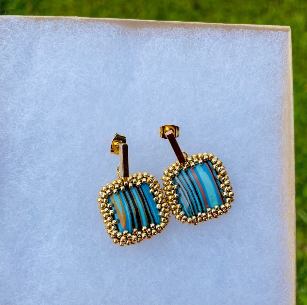 Square dangle beaded earrings with striped turquoise malachite like crystals with gold or silver studs, 1.24 inch long earrings for women