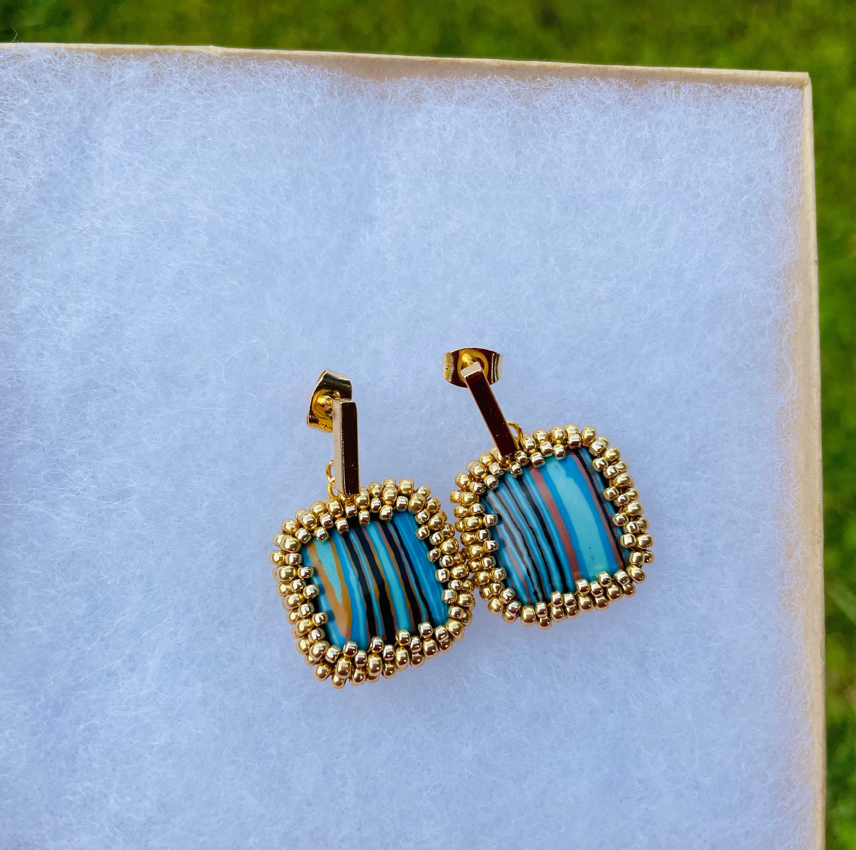 Square dangle beaded earrings with striped turquoise malachite like crystals with gold or silver studs, 1.24 inch long earrings for women