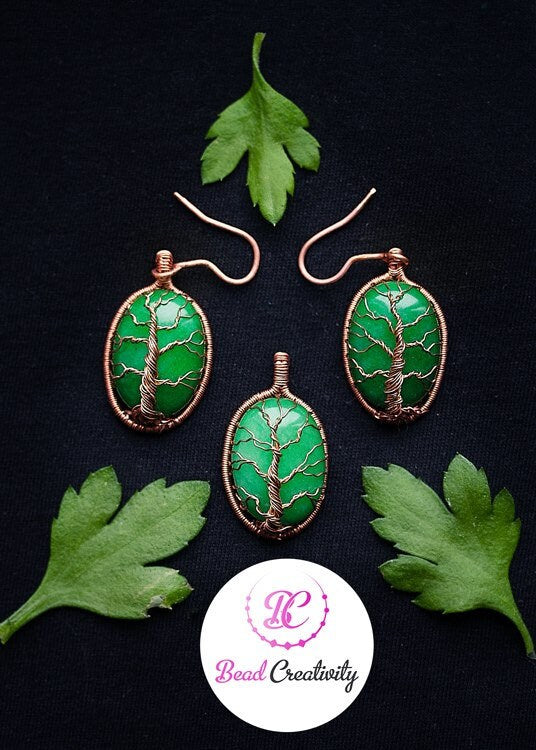 Green gemstone set pendant earrings mother birthday wire wrapped set green wedding set mother in law gift~luck necklaceChristmas clearance