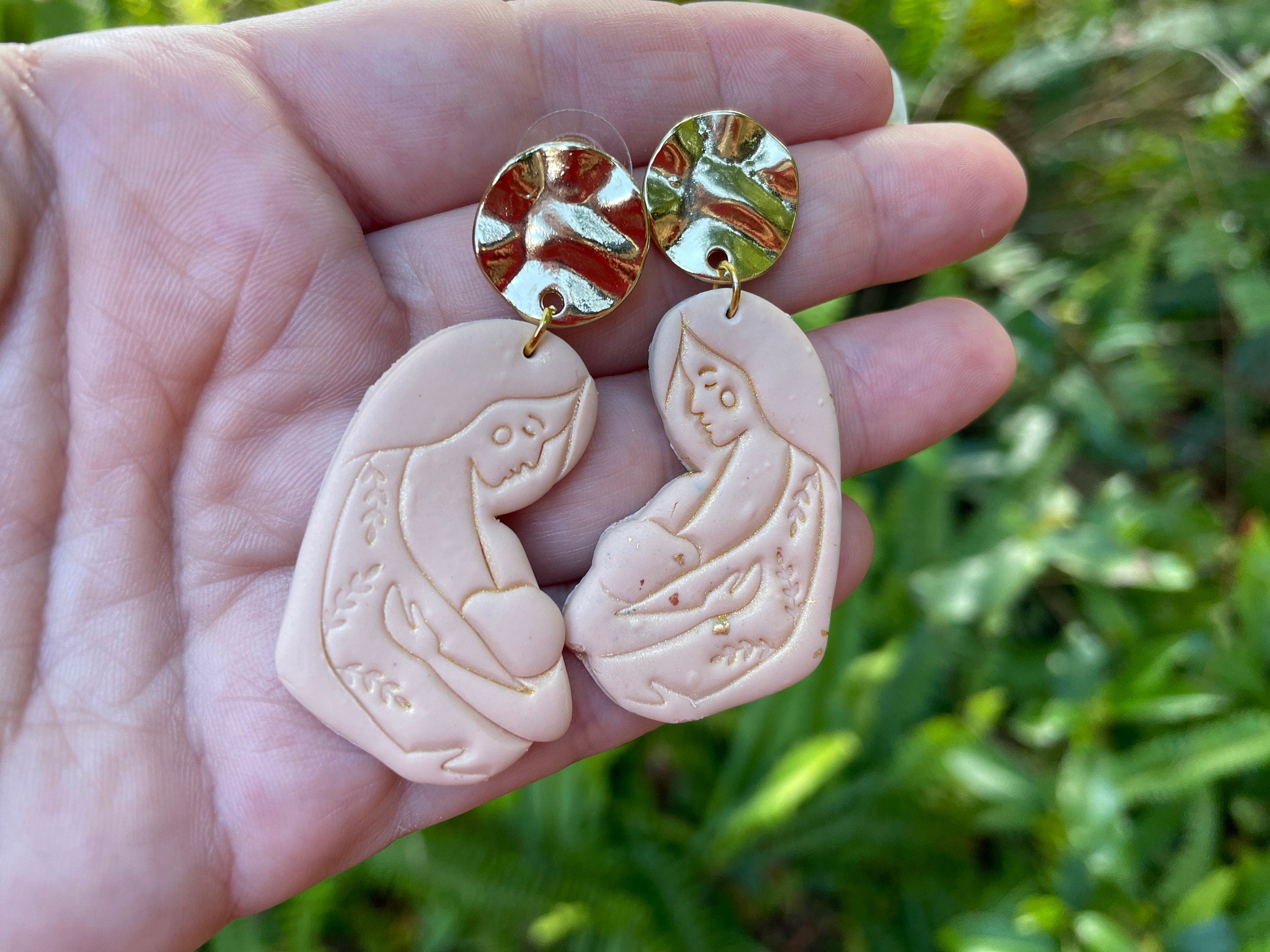 New mom earrings gift mother holding feeding baby beige and gold polymer clay earrings, baby shower gift idea for expecting mom
