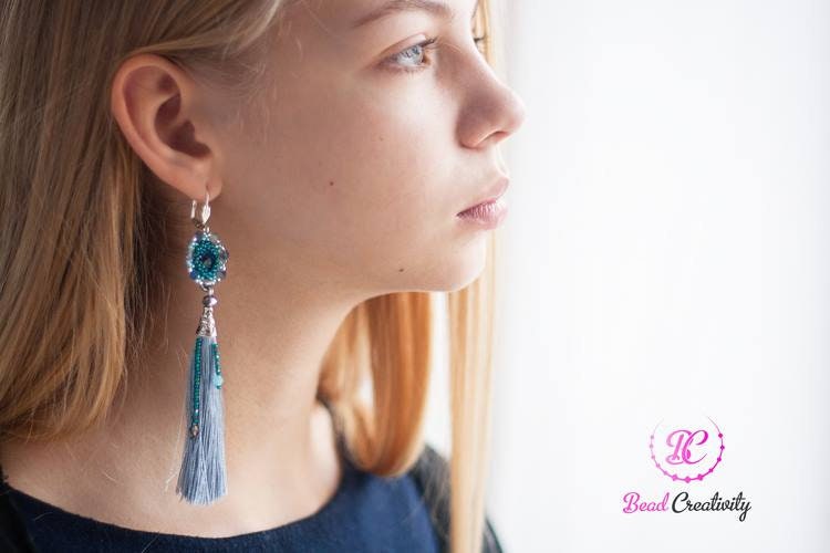 Dusty Blue Swarovski Crystal Beaded Silk Tassel Earrings: Bridal Something Blue Jewelry Handmade 5 inch