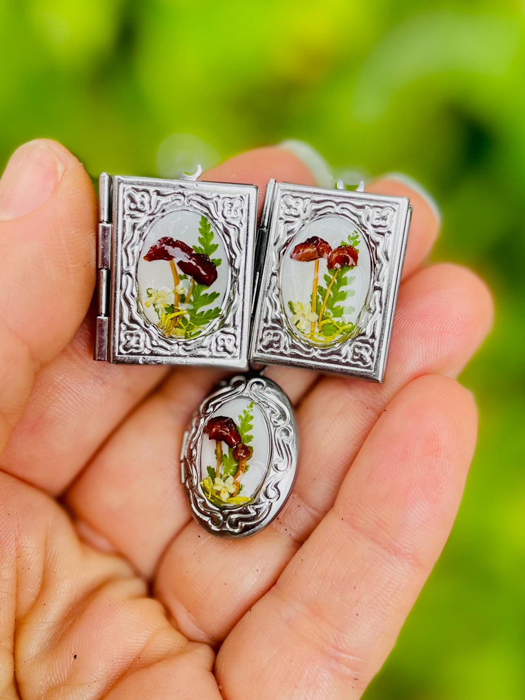 Mushroom Book Silver Locket Necklace with Photo: Custom Lock of Hair Memorial Keepsake Jewelry