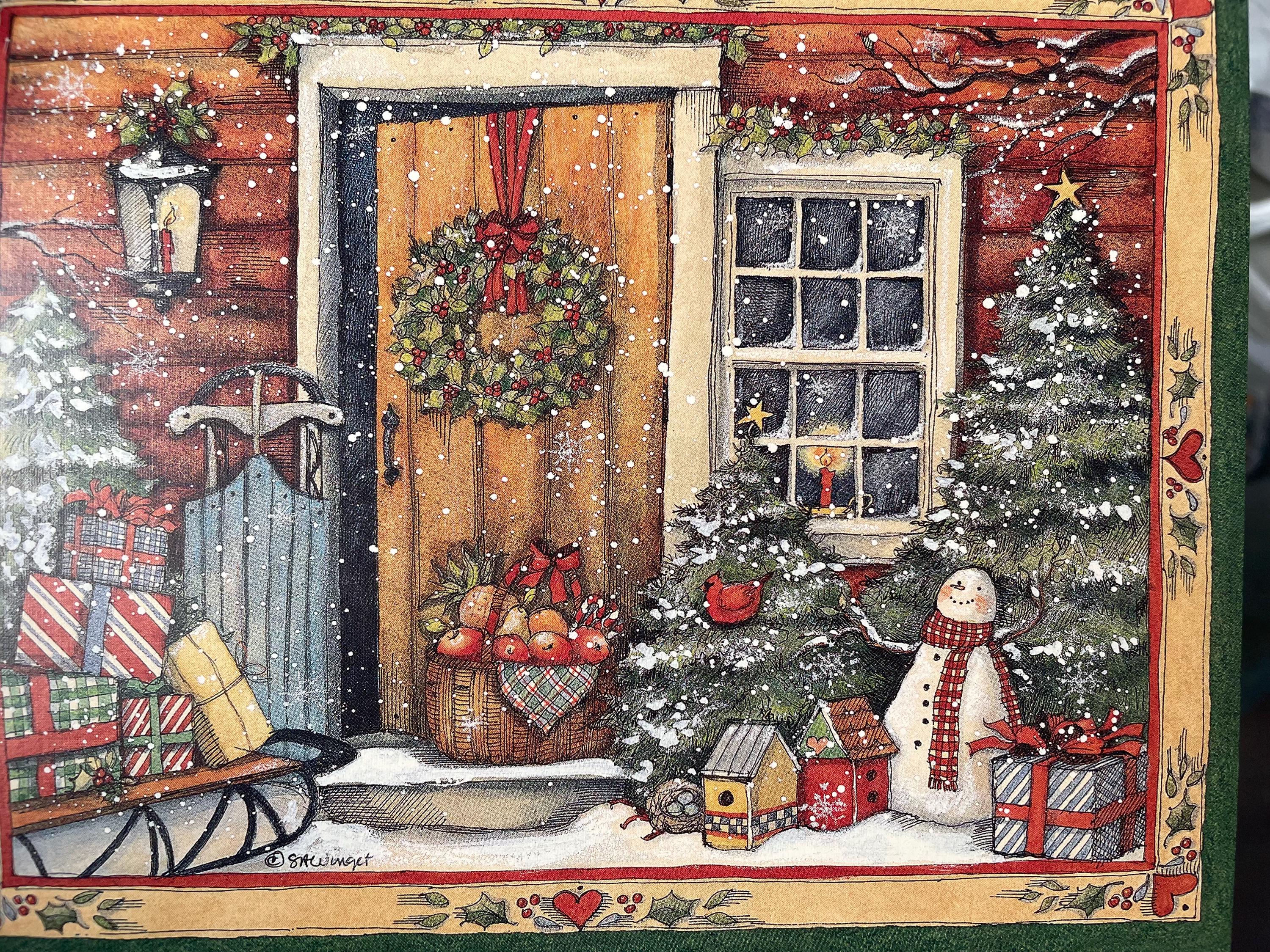 Holiday Door Christmas card boxed Vintage Old Fashion Christmas Card Snowman Sleigh Presents Christmas Wreath Farmhouse Winter Greeting Card