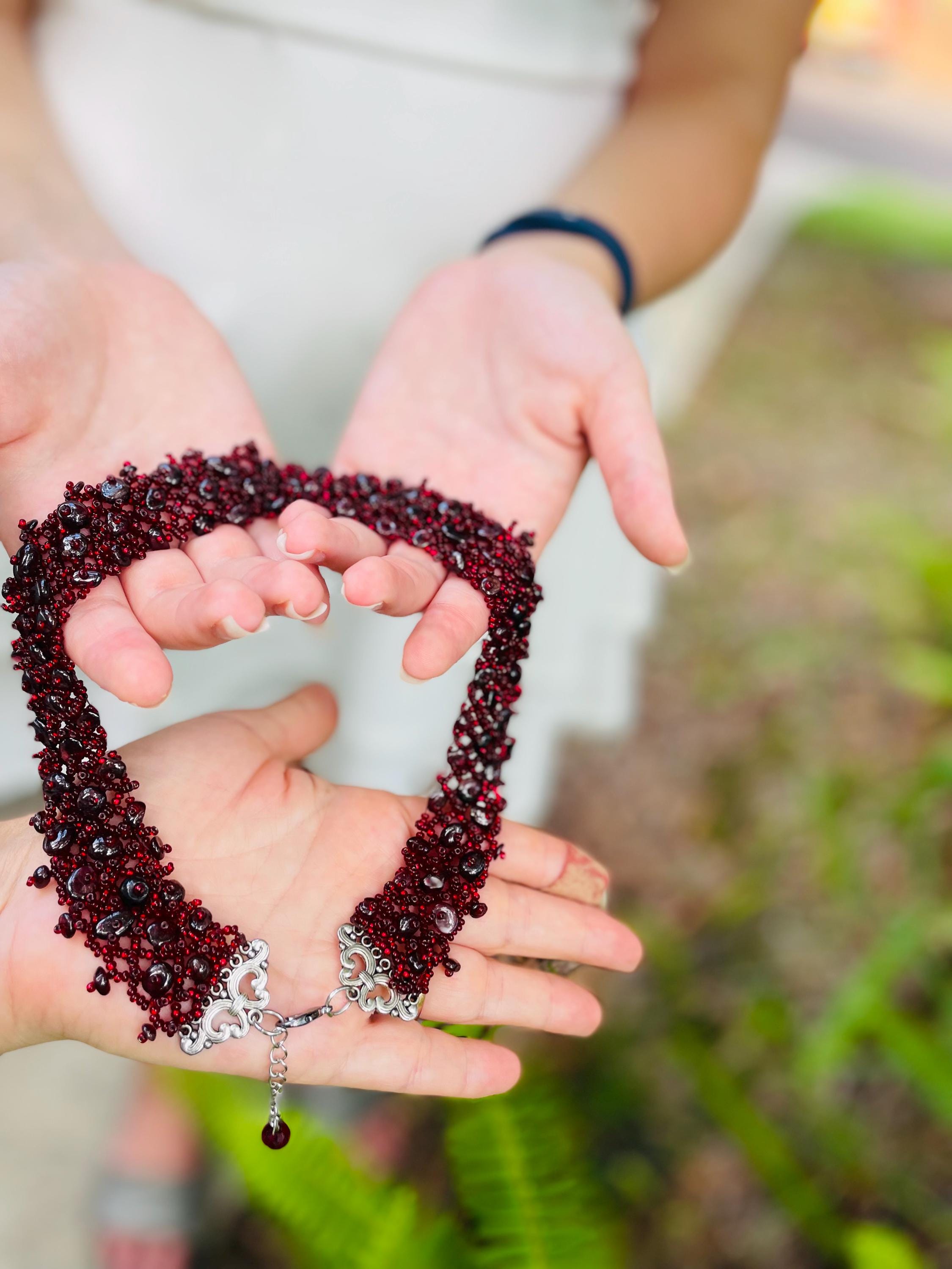 Red Garnet Beaded Necklace: Burgundy Collar Choker for January Birthdays & 2nd Anniversaries