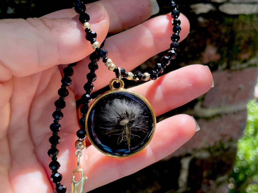 Black Spinel Beaded Necklace: Real Dandelion Charm, Sterling Silver/Gold