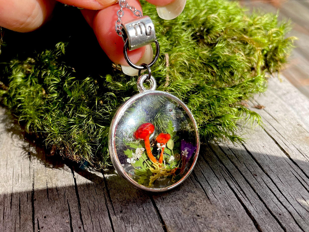 Personalized Mushroom Forest Zodiac Necklace: Handmade Resin Pendant, Birthstone Crystals