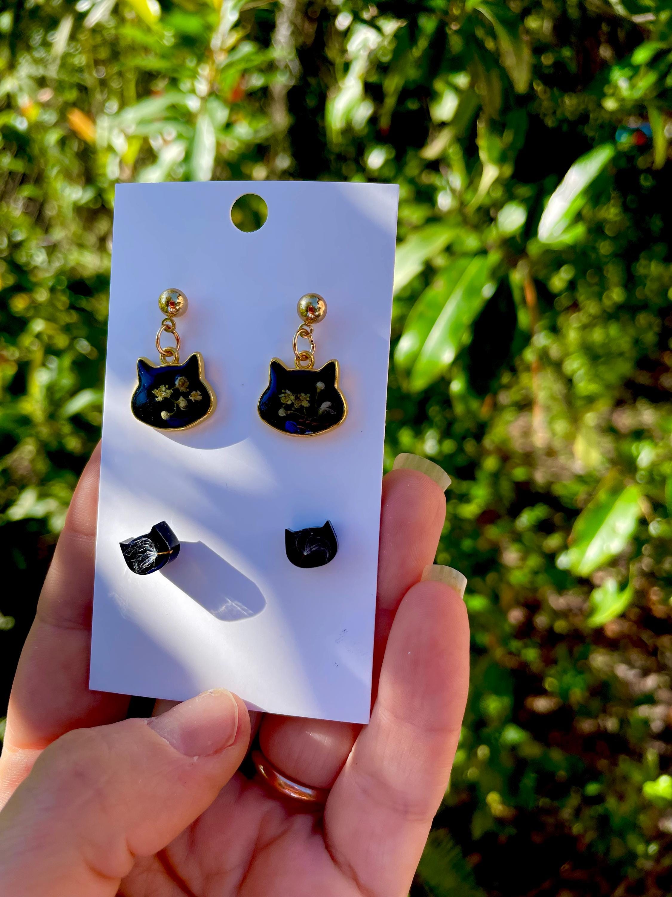 Dandelion Seed Cat Head Stud Earrings: Handmade Resin Jewelry