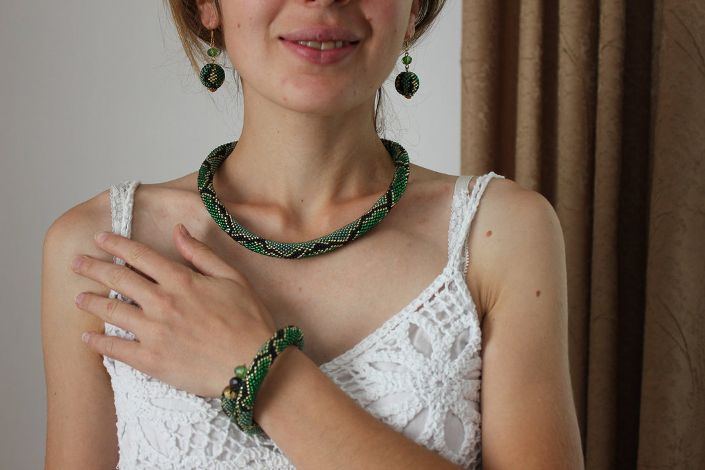 Beaded Snake Choker: Green Ouroboros Necklace, Wild Animal Jewelry