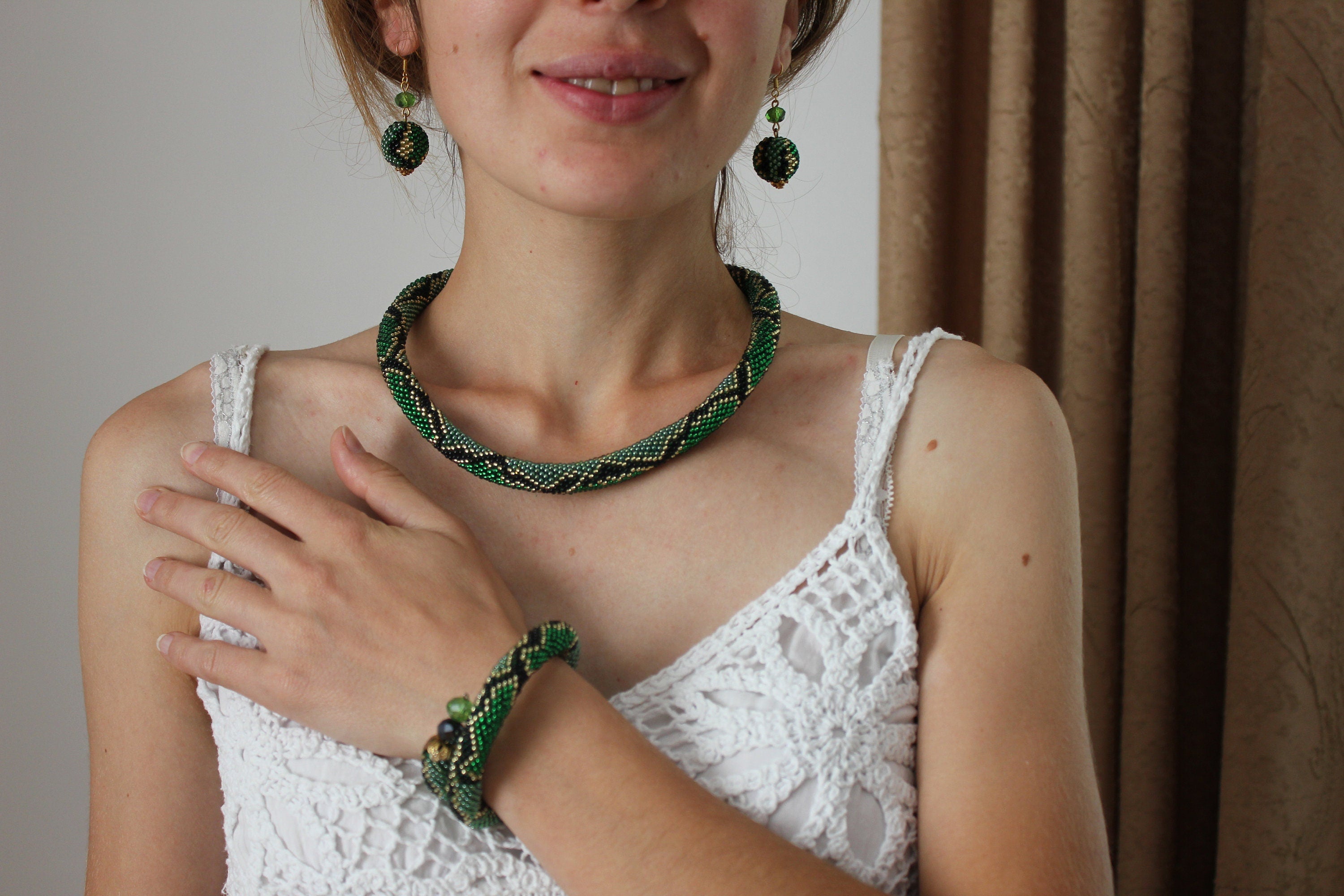 Beaded Snake Choker: Green Ouroboros Necklace, Wild Animal Jewelry