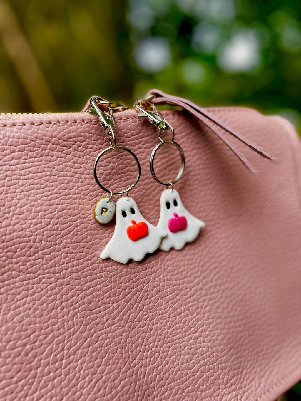 Personalized Ghost Keychain: Clay Pumpkin Charm, Initial Bag Accessory