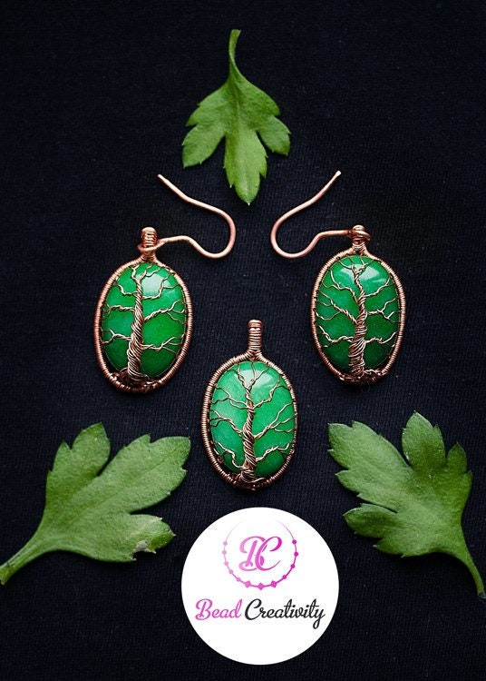 Green gemstone set pendant earrings mother birthday wire wrapped set green wedding set mother in law gift~luck necklaceChristmas clearance