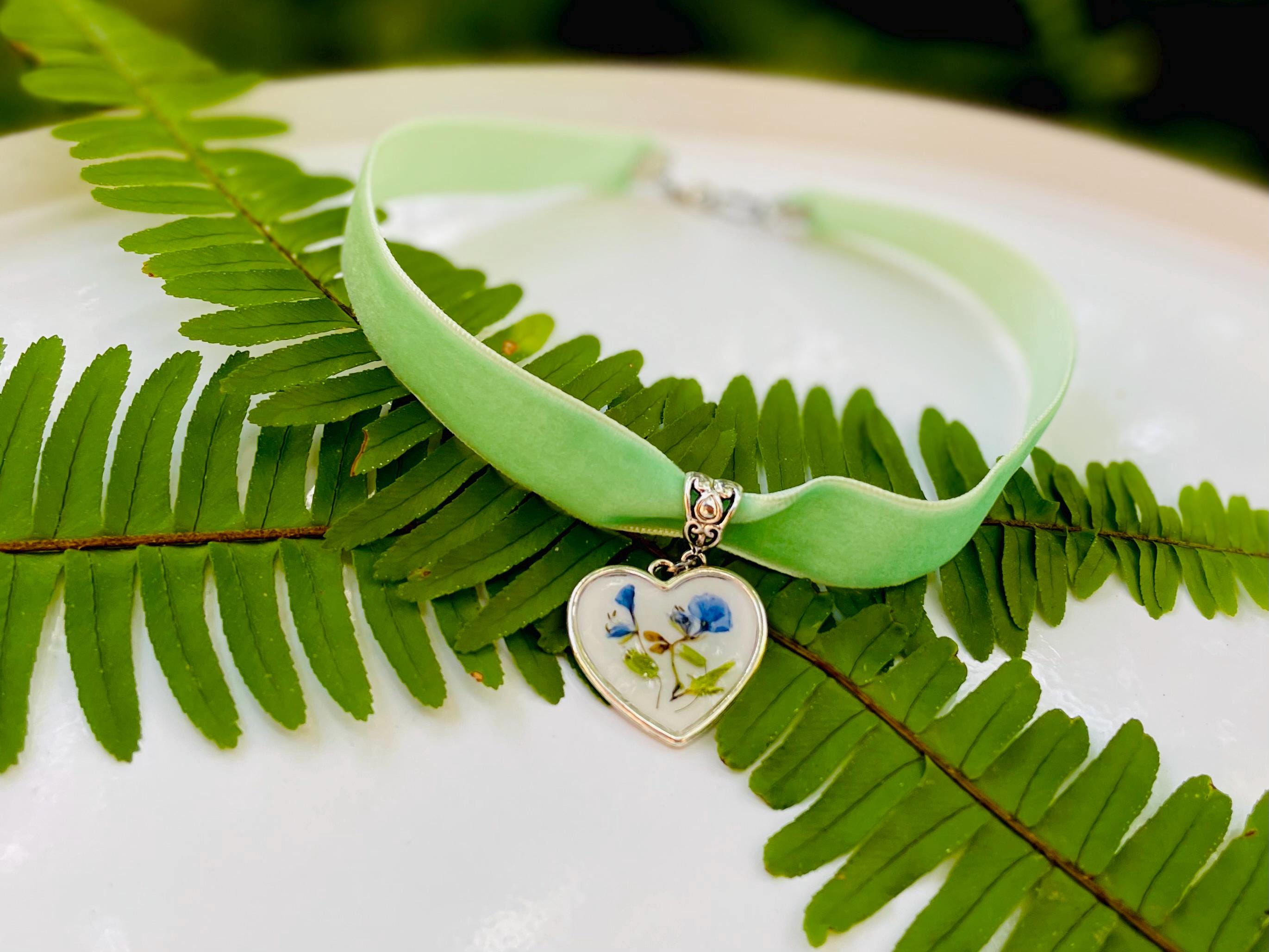 Handmade Victorian Heart Cameo Choker Collar: Sage Green Velvet Ribbon, Pressed Flowers Galentine