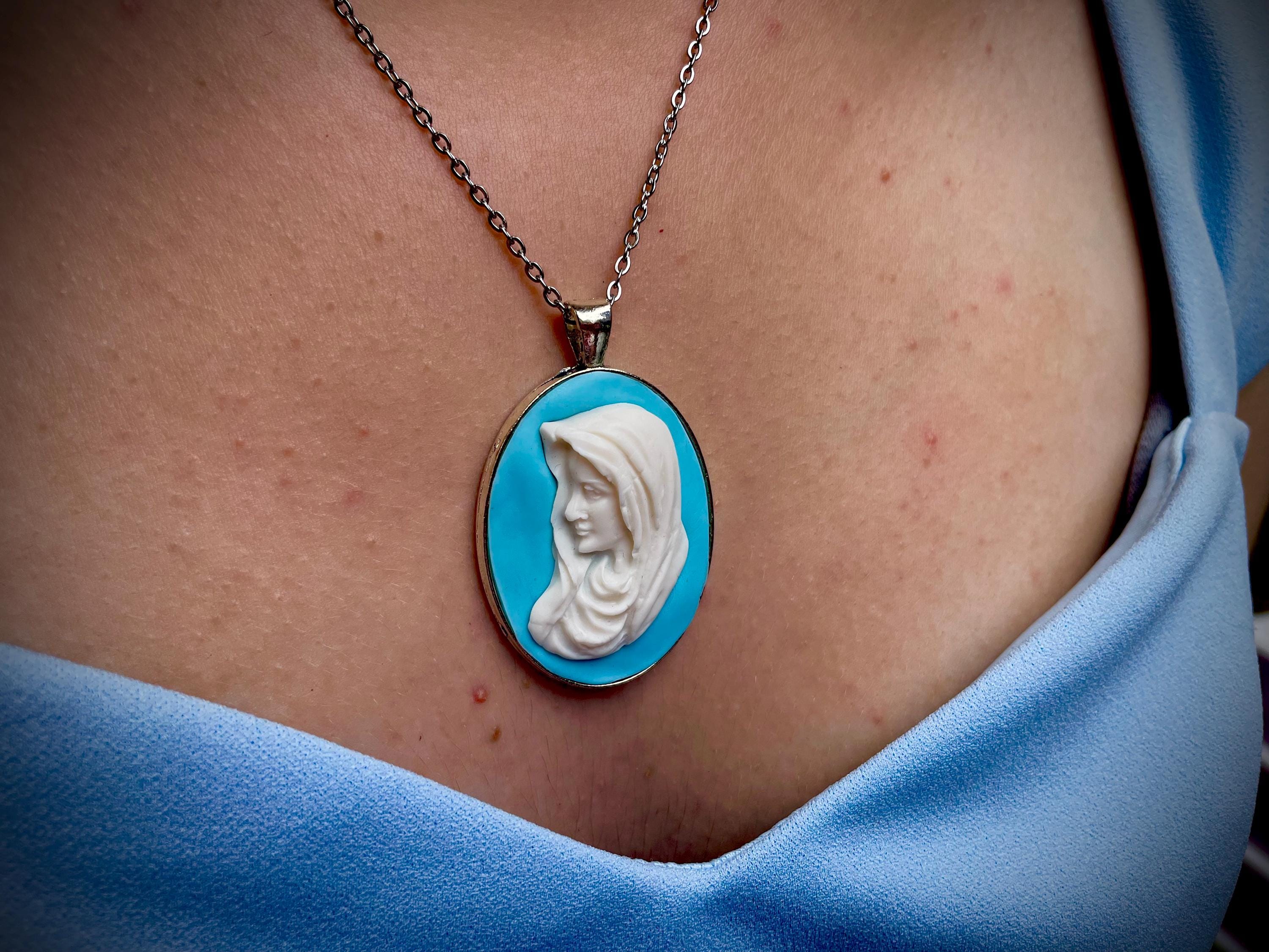 Handmade Virgin Mary Cameo Necklace: Catholic Gift with Birthstone