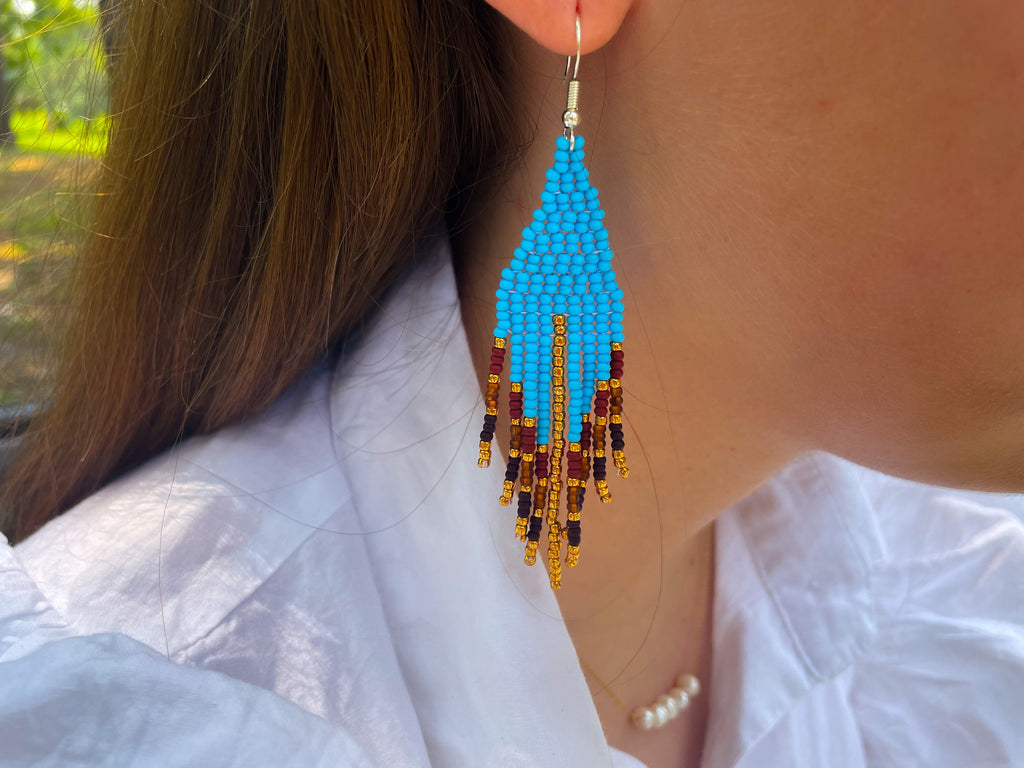 Turquoise and rust earrings handmade, blue boho earrings Fringe beadwork earrings unique holiday gift for her Seed bead dangle earring Long