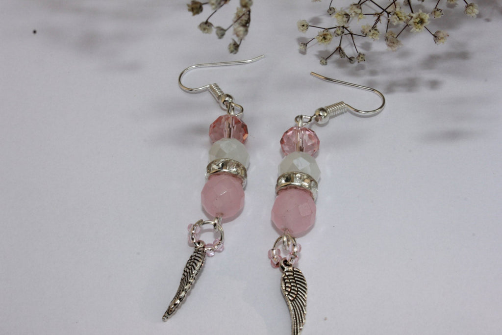 October Birthstone Rose Quartz Angel Wing Dangle Earrings: Pink Sterling Silver Bridal jewelry Libra gifts