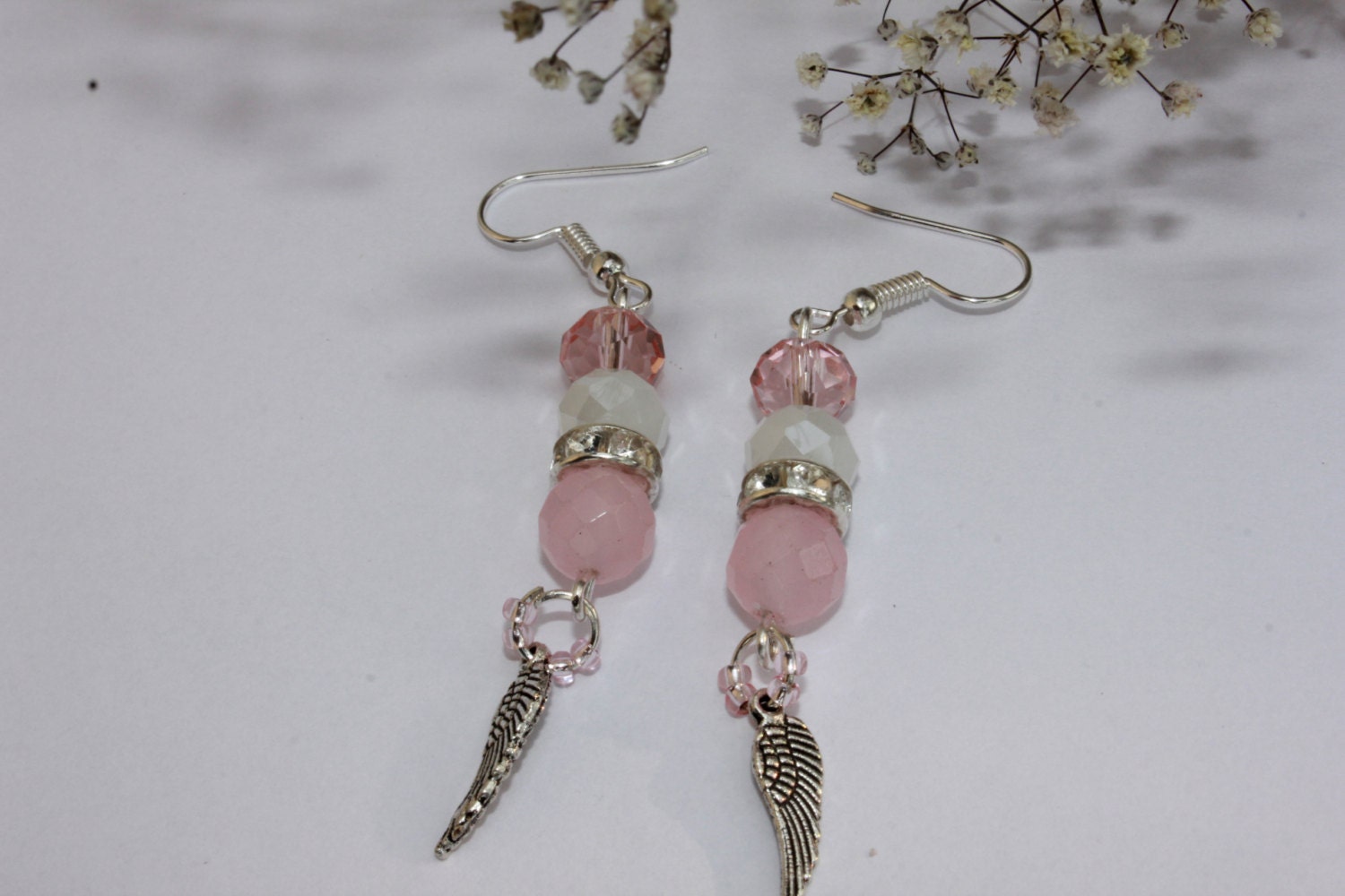 October Birthstone Rose Quartz Angel Wing Dangle Earrings: Pink Sterling Silver Bridal jewelry Libra gifts