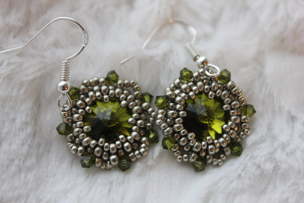 Chartreuse olive green Swarovski crystal sterling silver dangle earrings, handmade unique holiday jewelry gift boho green statement earrings