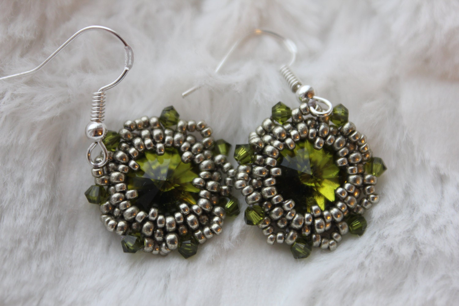 Chartreuse olive green Swarovski crystal sterling silver dangle earrings, handmade unique holiday jewelry gift boho green statement earrings