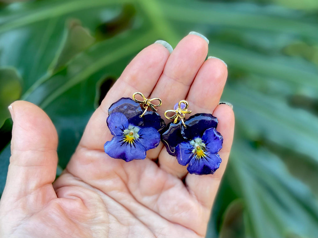 Purple Violet Flower Earrings with Gold Bow Posts | Unique Birth Month Gift for February