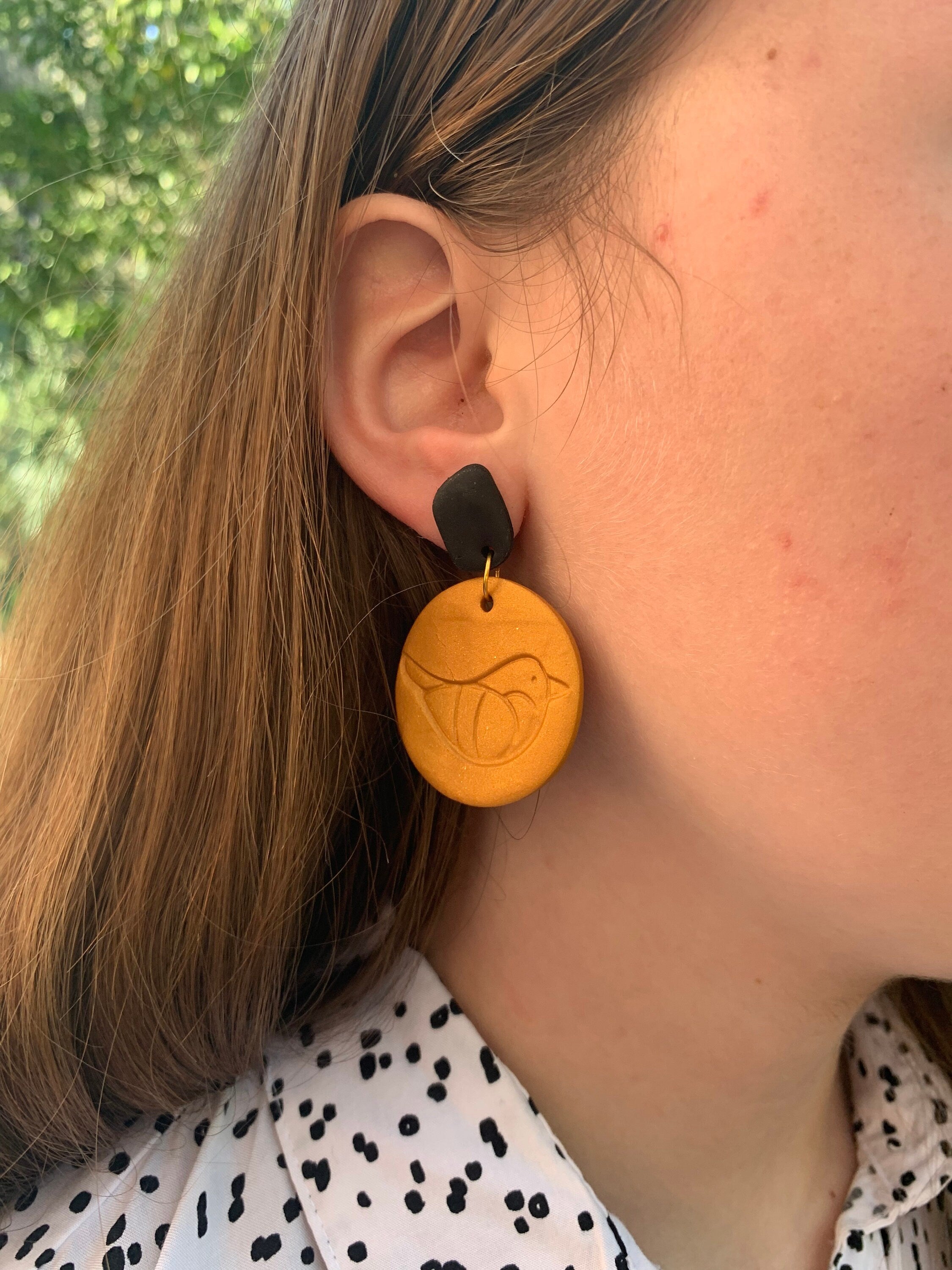 Gold and black bird earrings, Handmade Polymer Clay Earrings, Statement Dangle Earrings, Mothers Day gift, big clip on earrings hoops