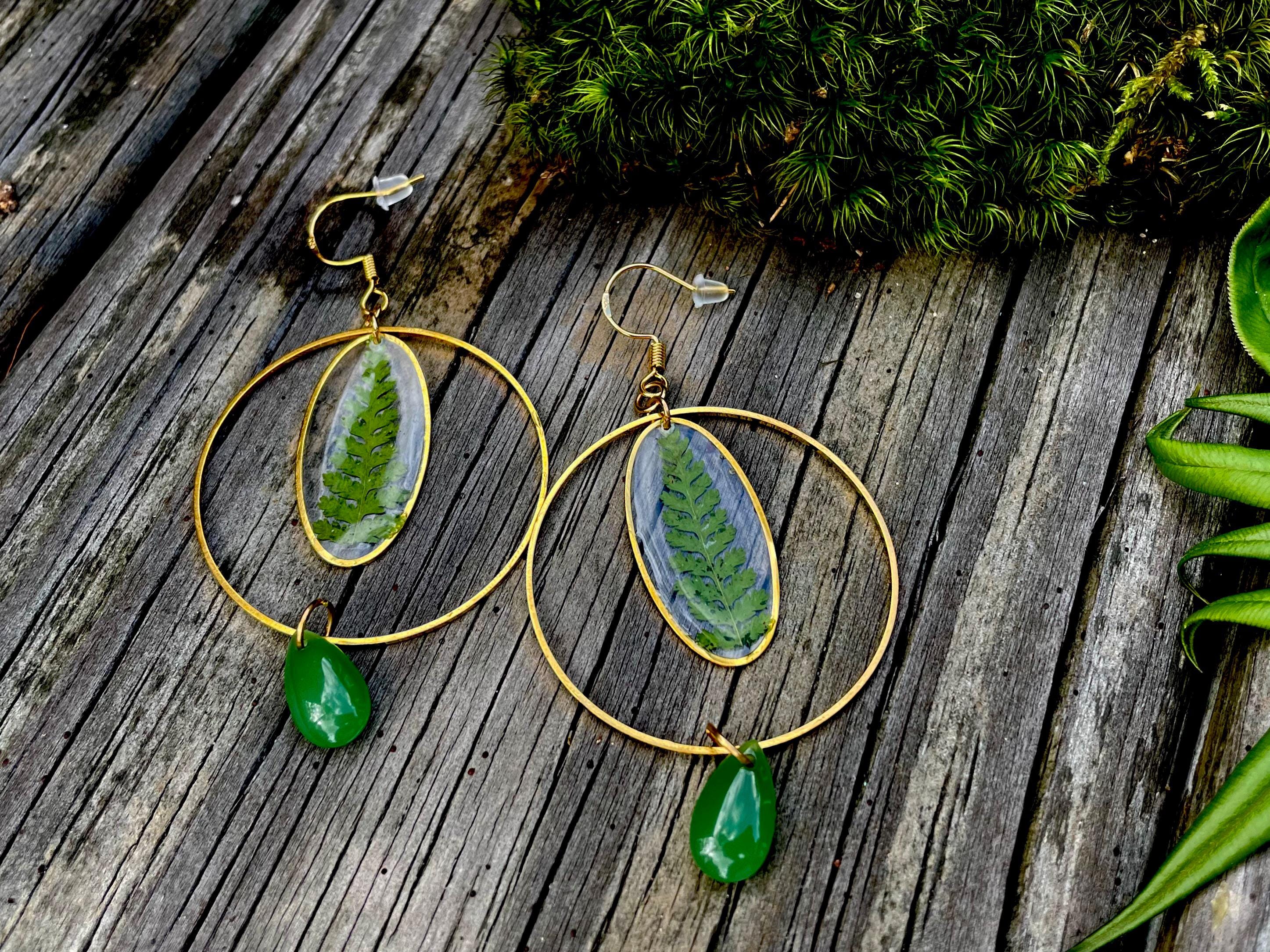Gold Green Fern Hoop Christmas Earrings: Clip-On/Post Options | Tree-Inspired Design
