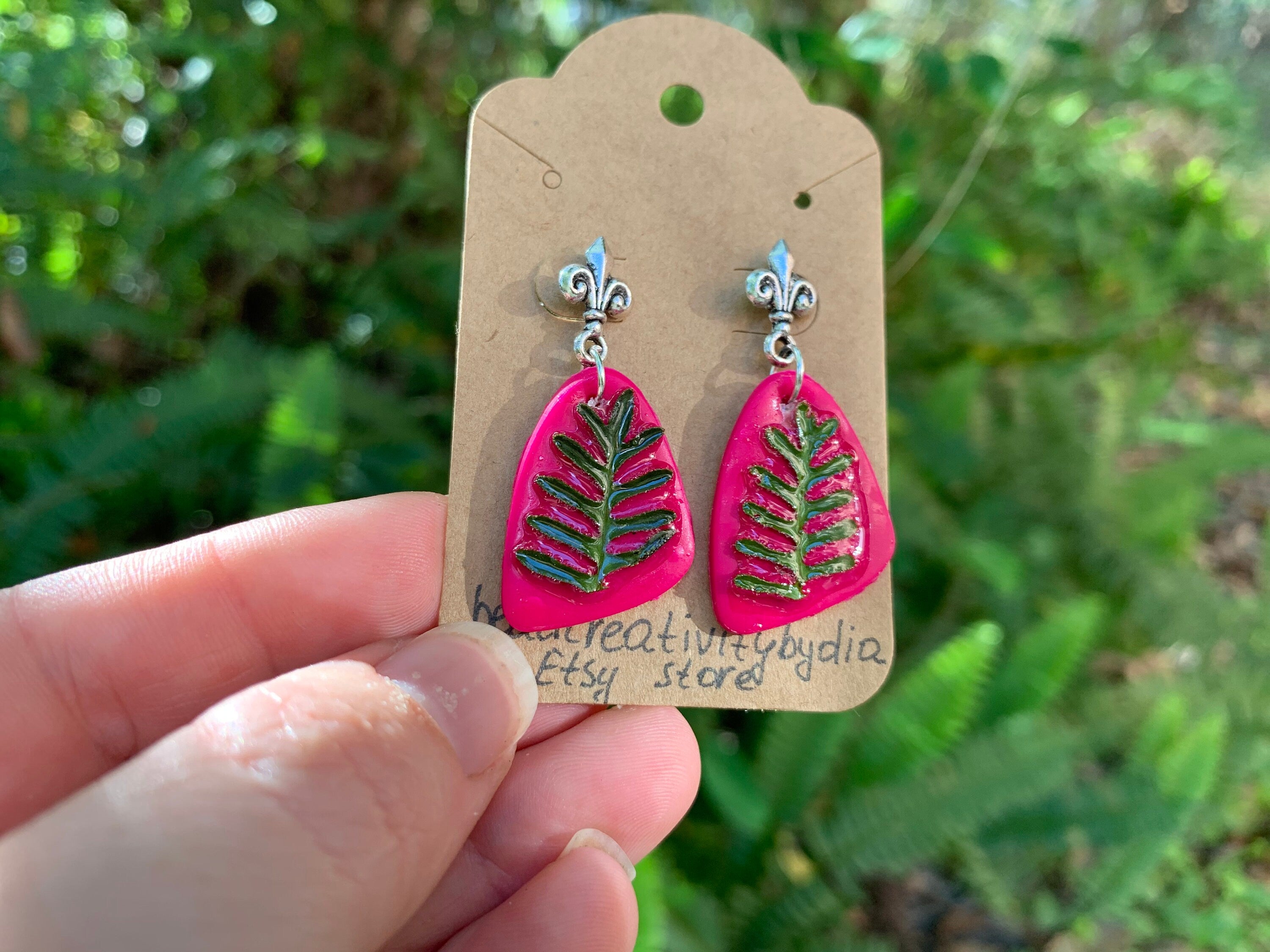 Minimalist earrings, Real flower earrings, fern earrings, hot pink polymer and resin clay earrings, pressed flower jewelry, flower girl gift