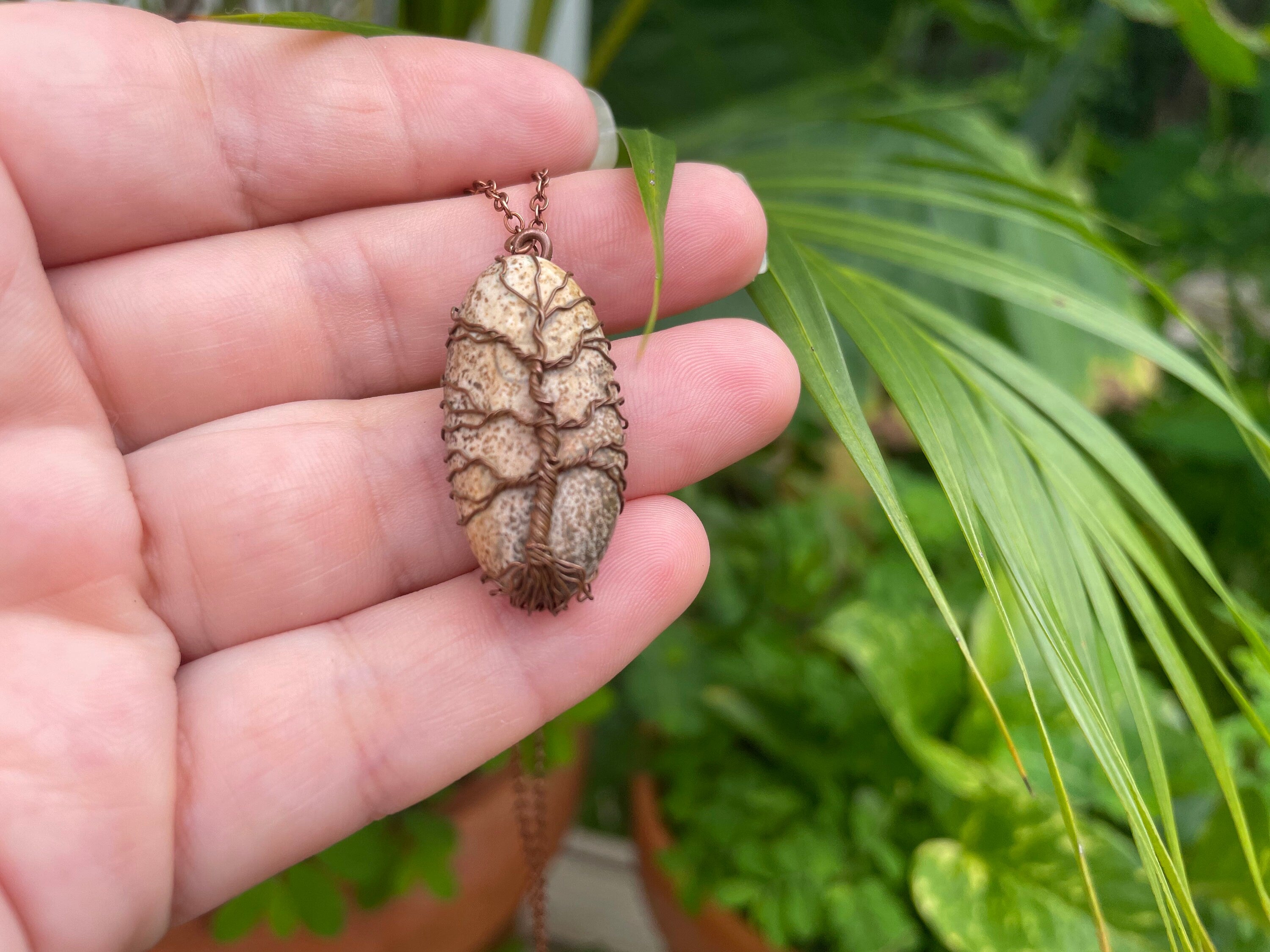 Dainty Copper Wire Wrapped Tree of Life Pendant Oval - Unique Picture Jasper Necklace for Men & Women