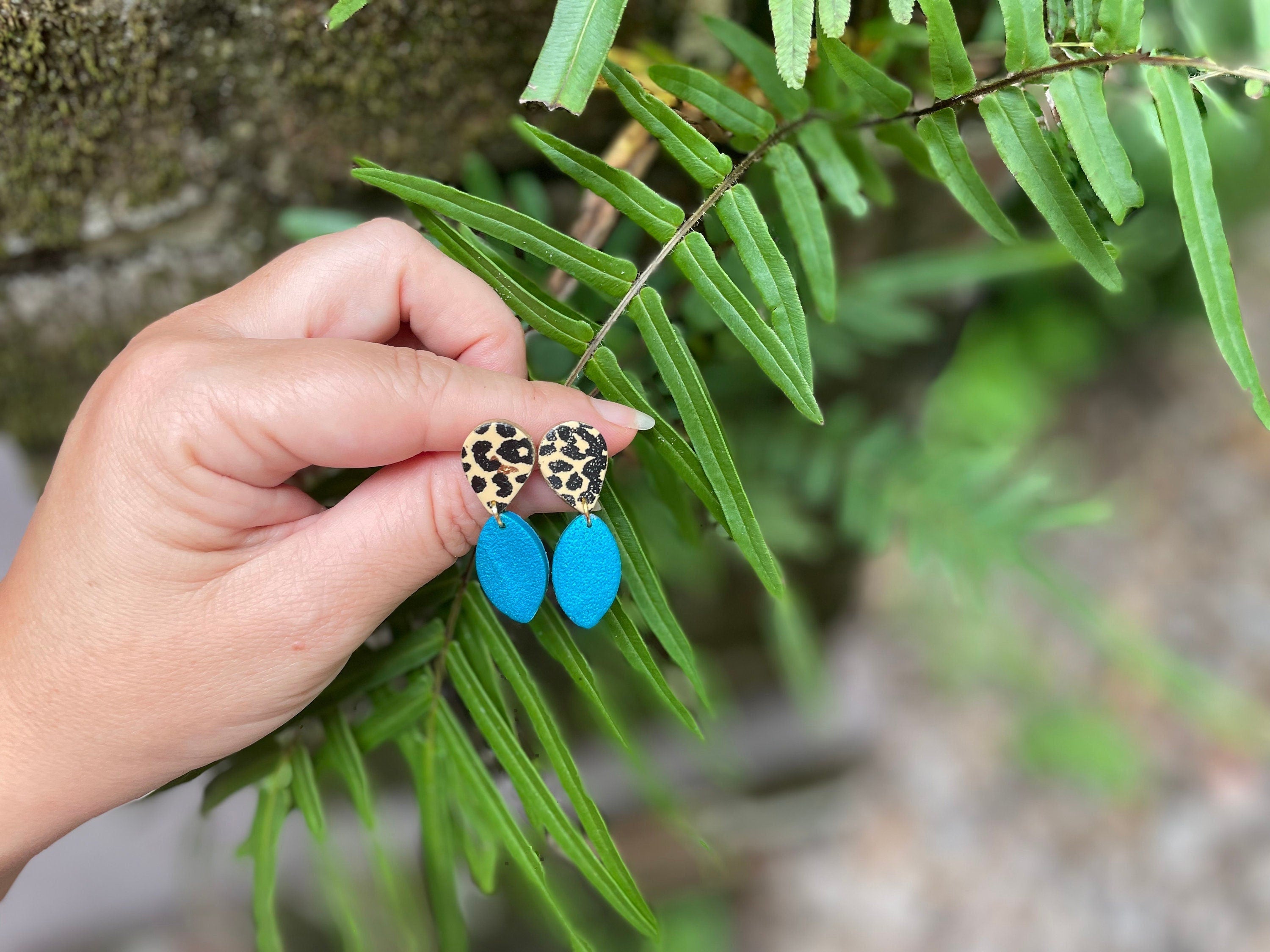 Patina blue and Leopard Drop Earrings stud Jacksonville Jaguars cheer mom Polymer Clay Earrings Thoughtful Gift Idea for Friends Girlfriend