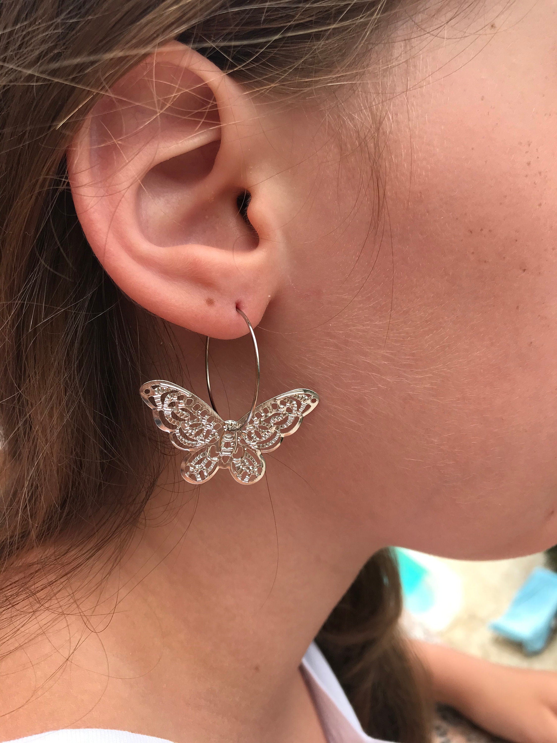 14k gold huggie earrings, filigree butterfly earrings, huggie hoop earrings silver, butterfly earrings dangle, silver butterfly earrings