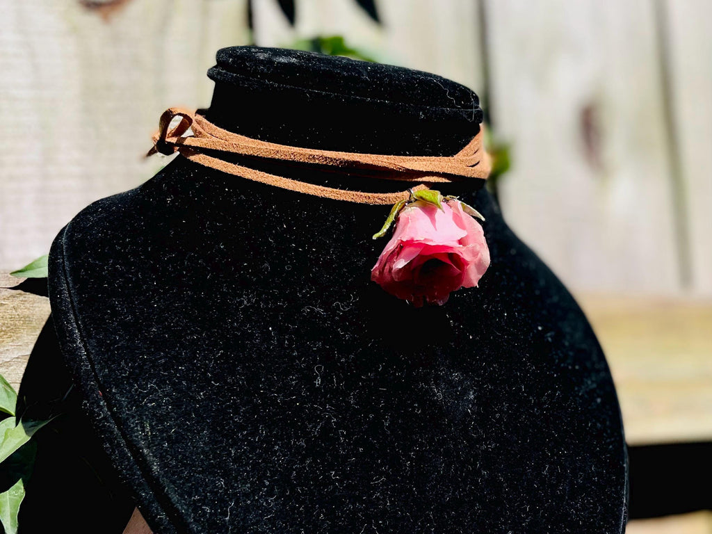 Boho Wrap Leather Choker Necklace with Real Rose Flower - Custom Bridesmaid Jewelry for Women
