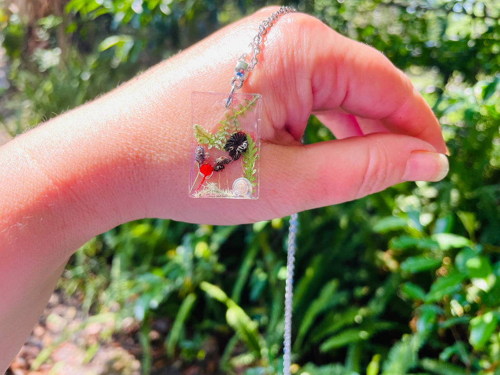 Mushroom Family Resin Necklace: Pressed Flower Pendant, Birthstone Option